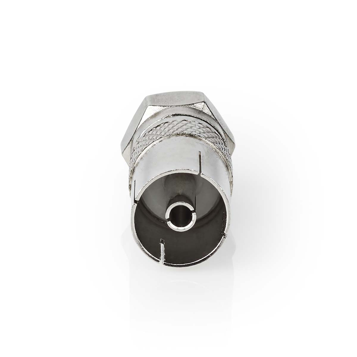Ein silberner Koaxialstecker auf weißem Hintergrund.