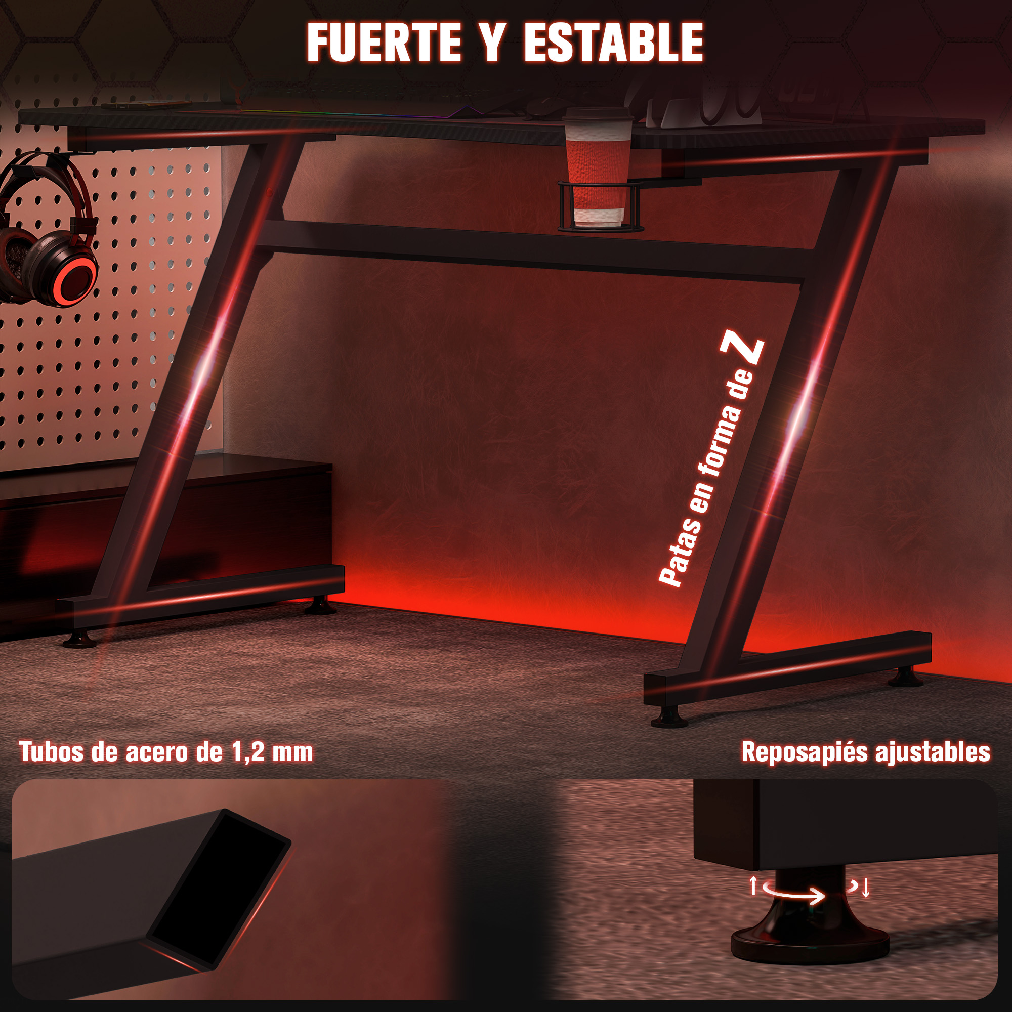 Escritorio fuerte y estable con patas en Z, soporte para auriculares y portavasos.