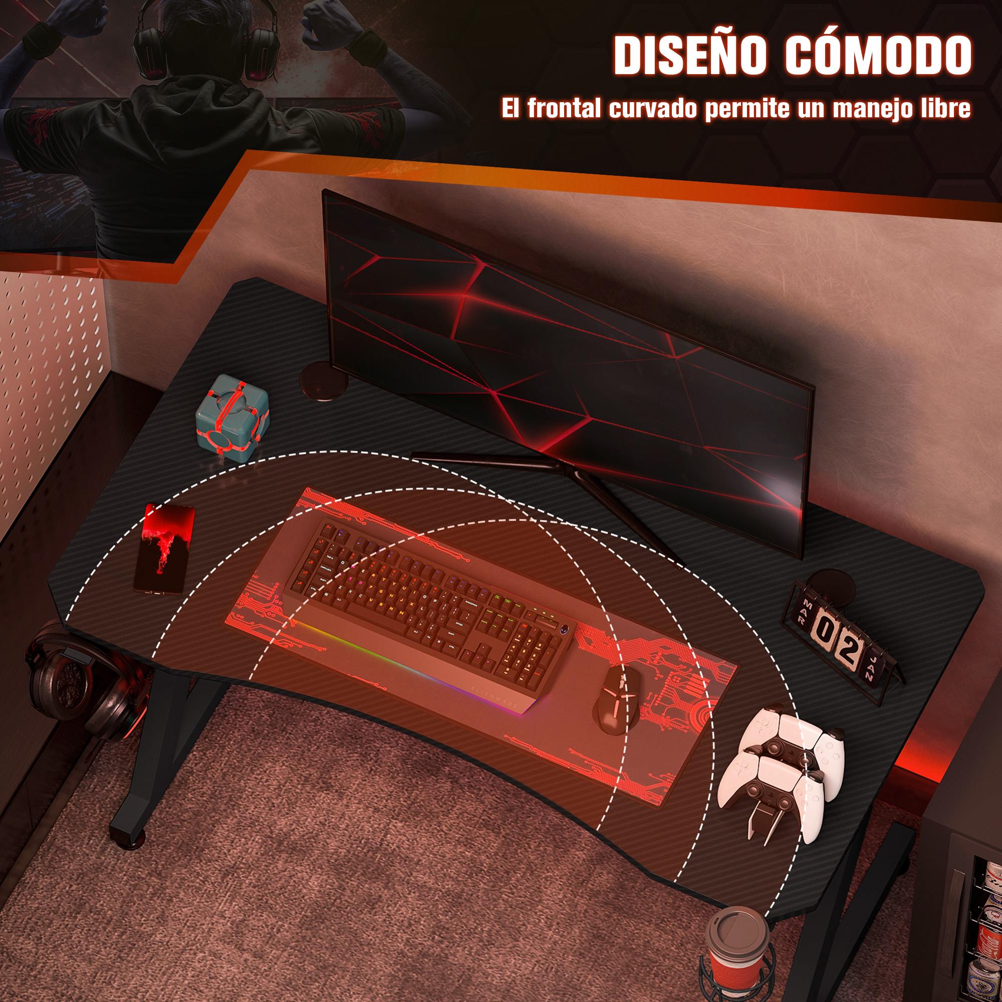 Un escritorio gaming con monitor, teclado, ratón y dos mandos. Luces rojas.