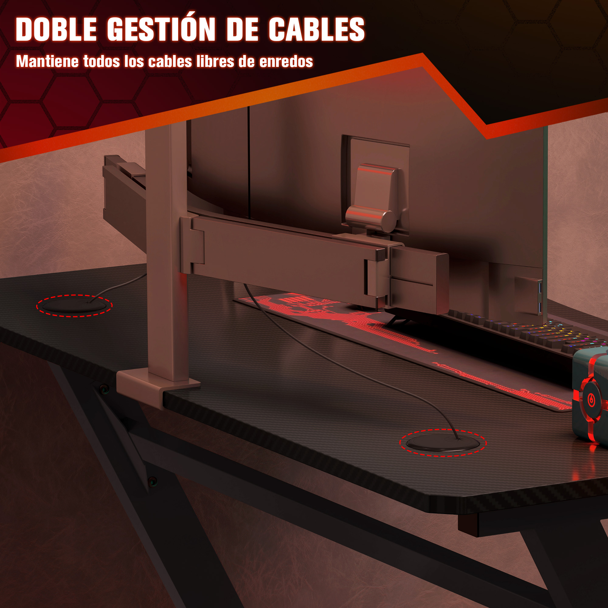 Escritorio con ojales para gestión de cables y accesorios de juego iluminados.