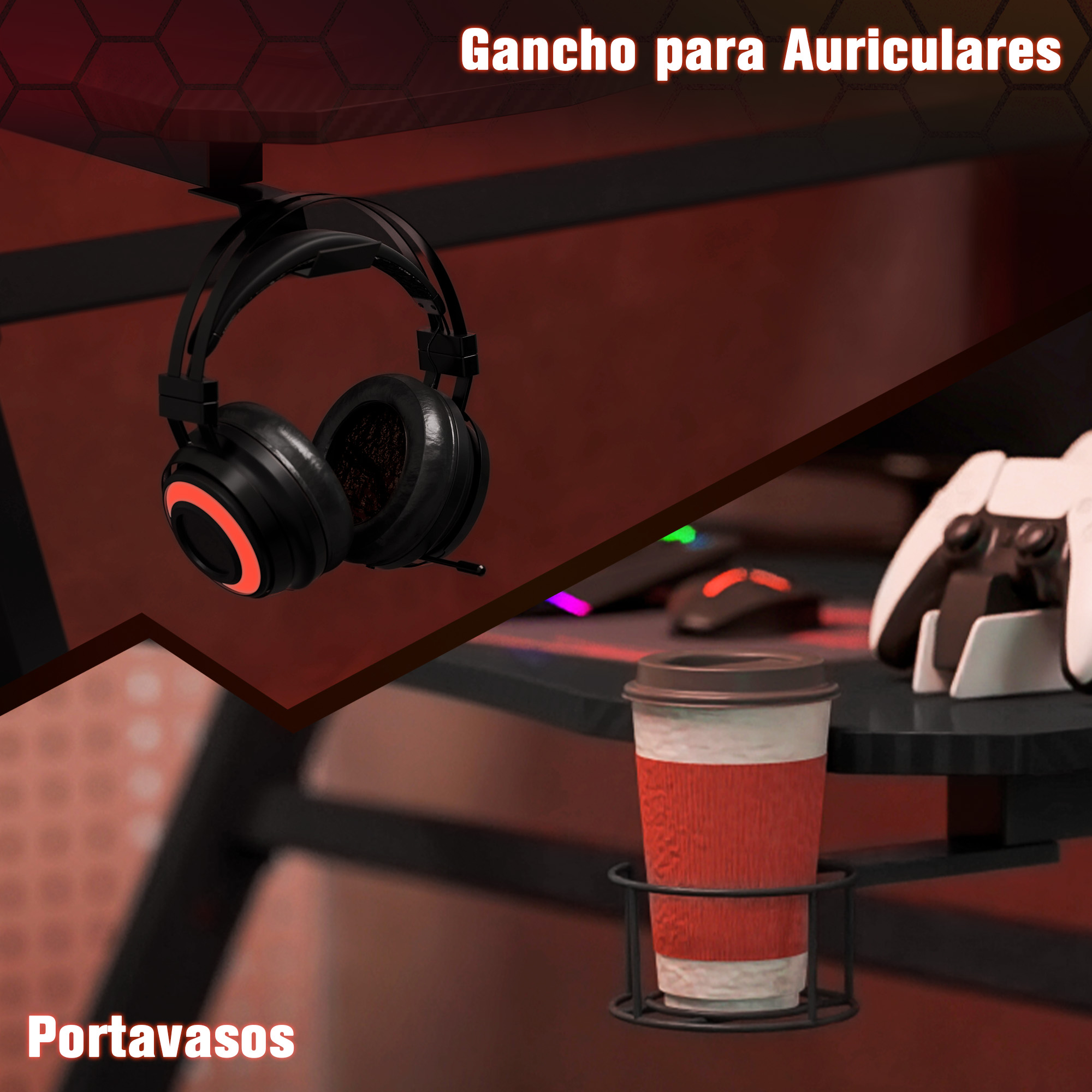 Soporte para auriculares y portavasos en un escritorio con mando y ratón.