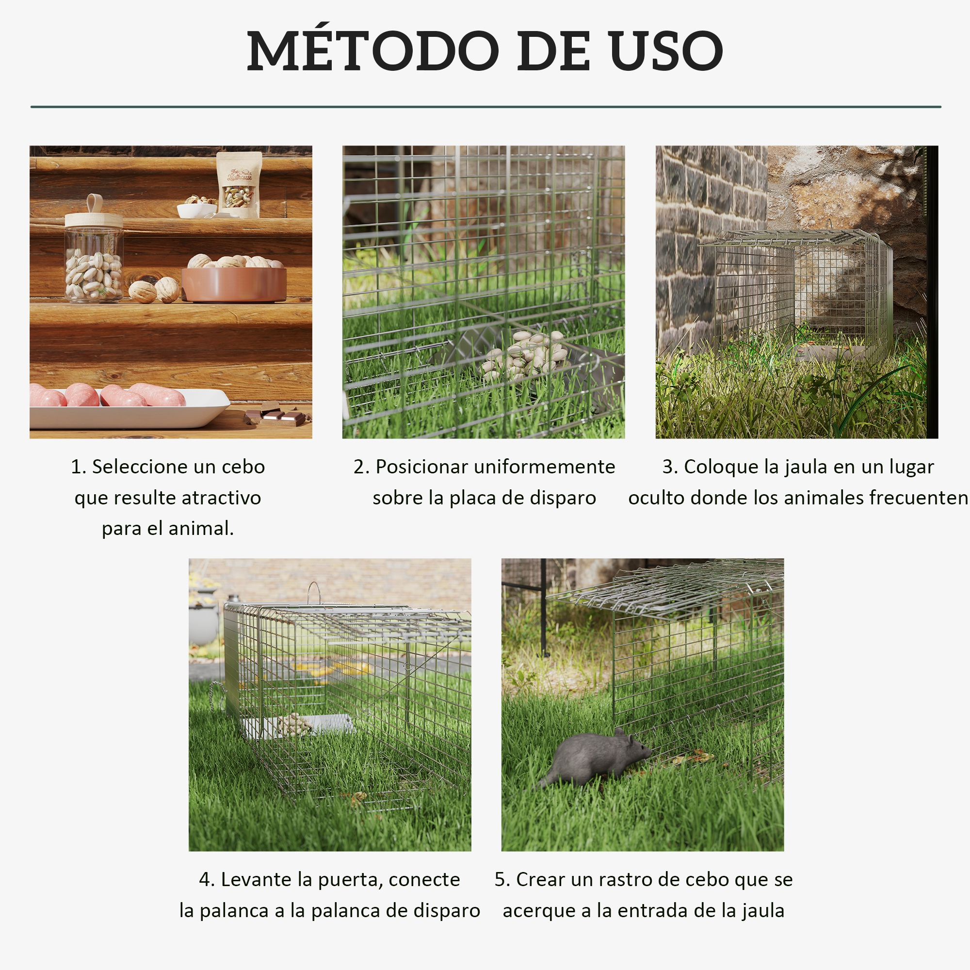 Guía paso a paso para colocar trampas para animales con cebo.