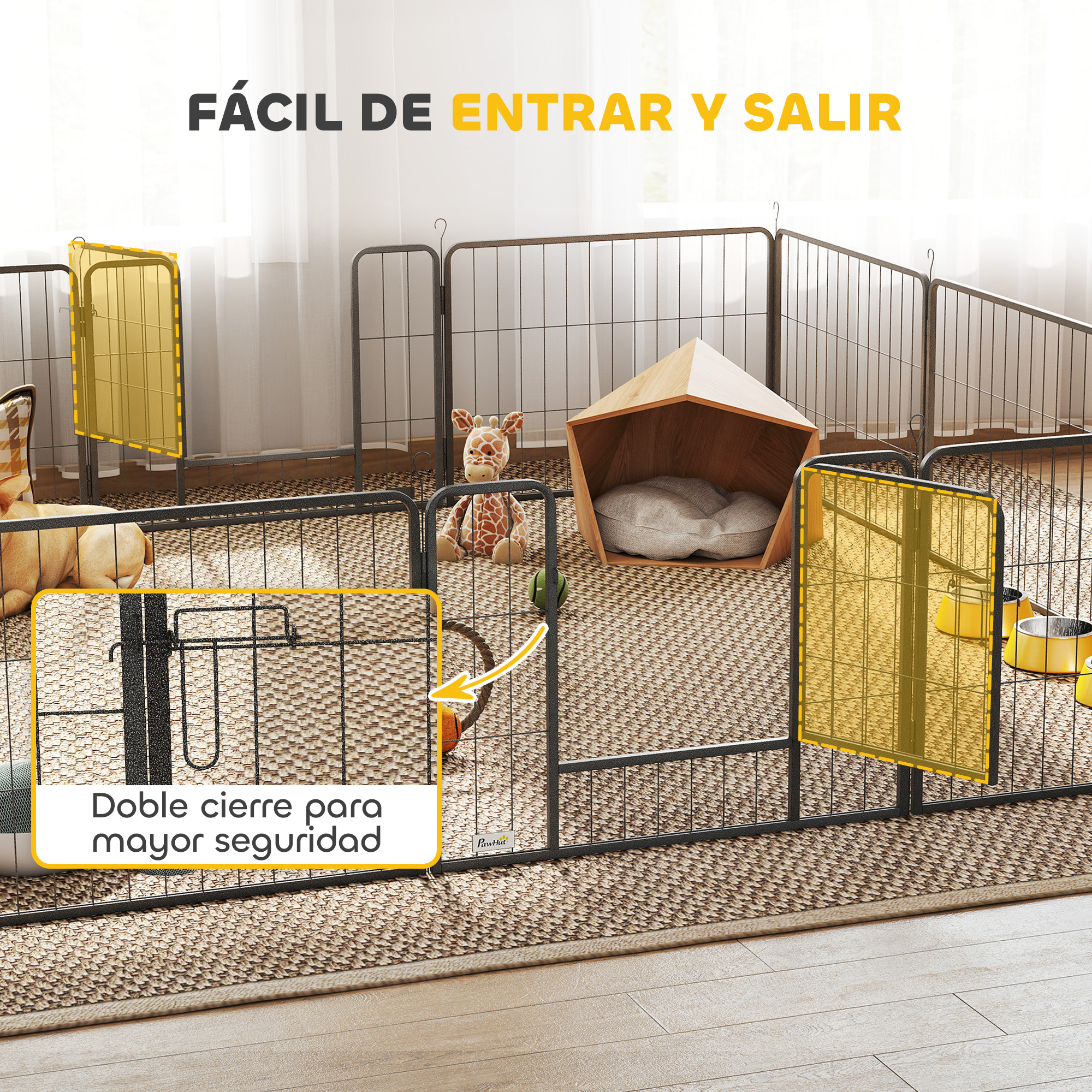 Parque para perros con casita de madera, juguetes y cuencos.