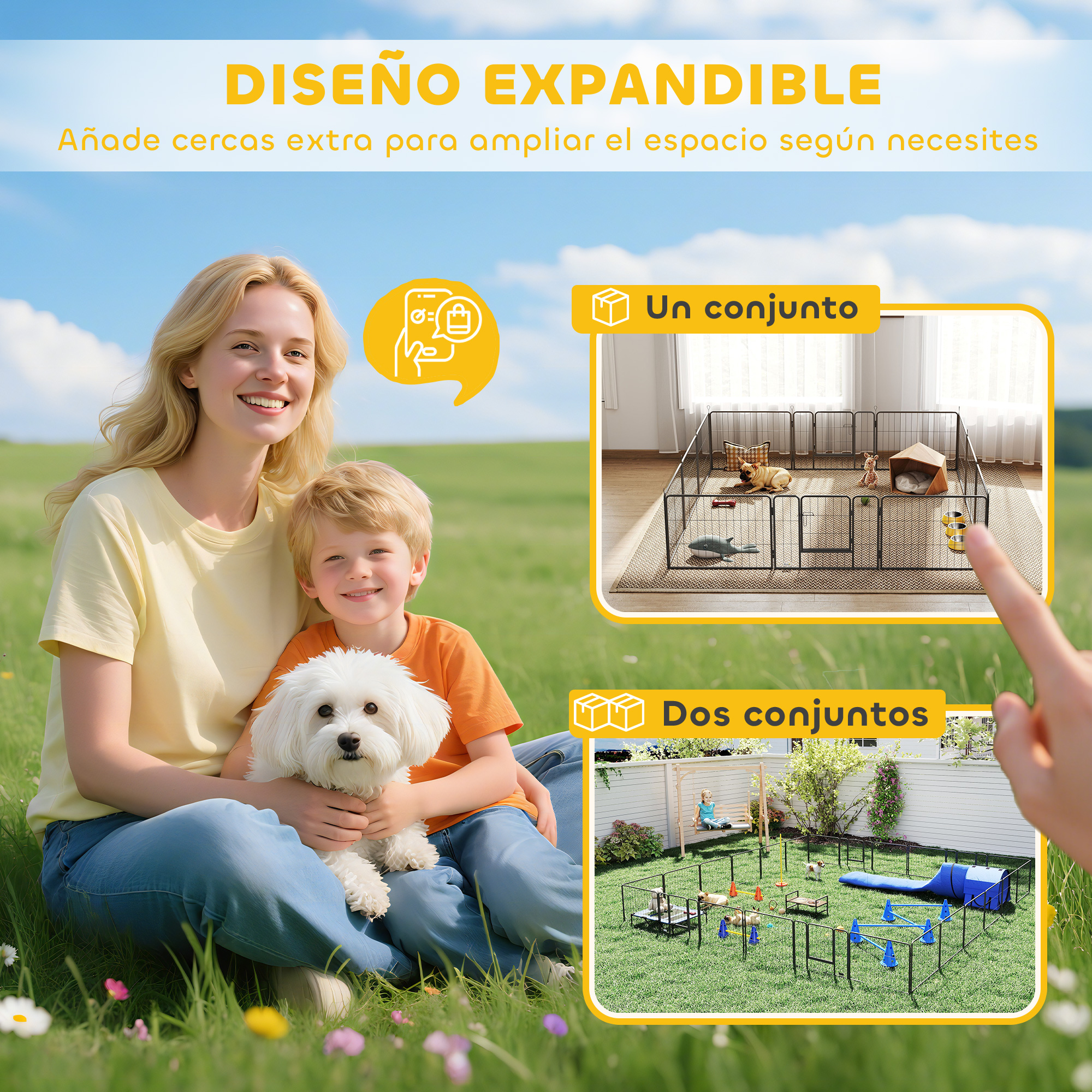 Mujer y niño con perro en el césped. Arriba a la derecha: recinto interior. Abajo: recinto exterior.