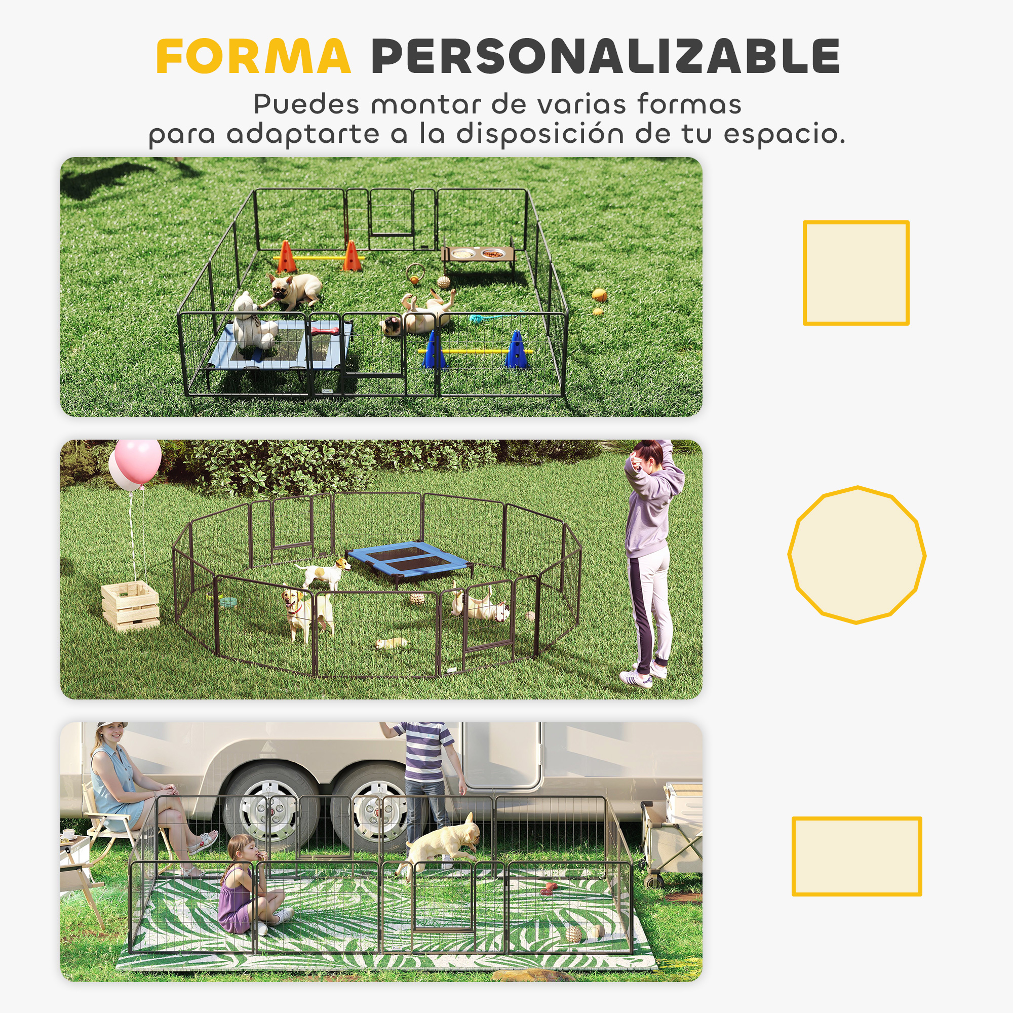 Corrales para perros en exteriores en varias configuraciones con perros y accesorios.