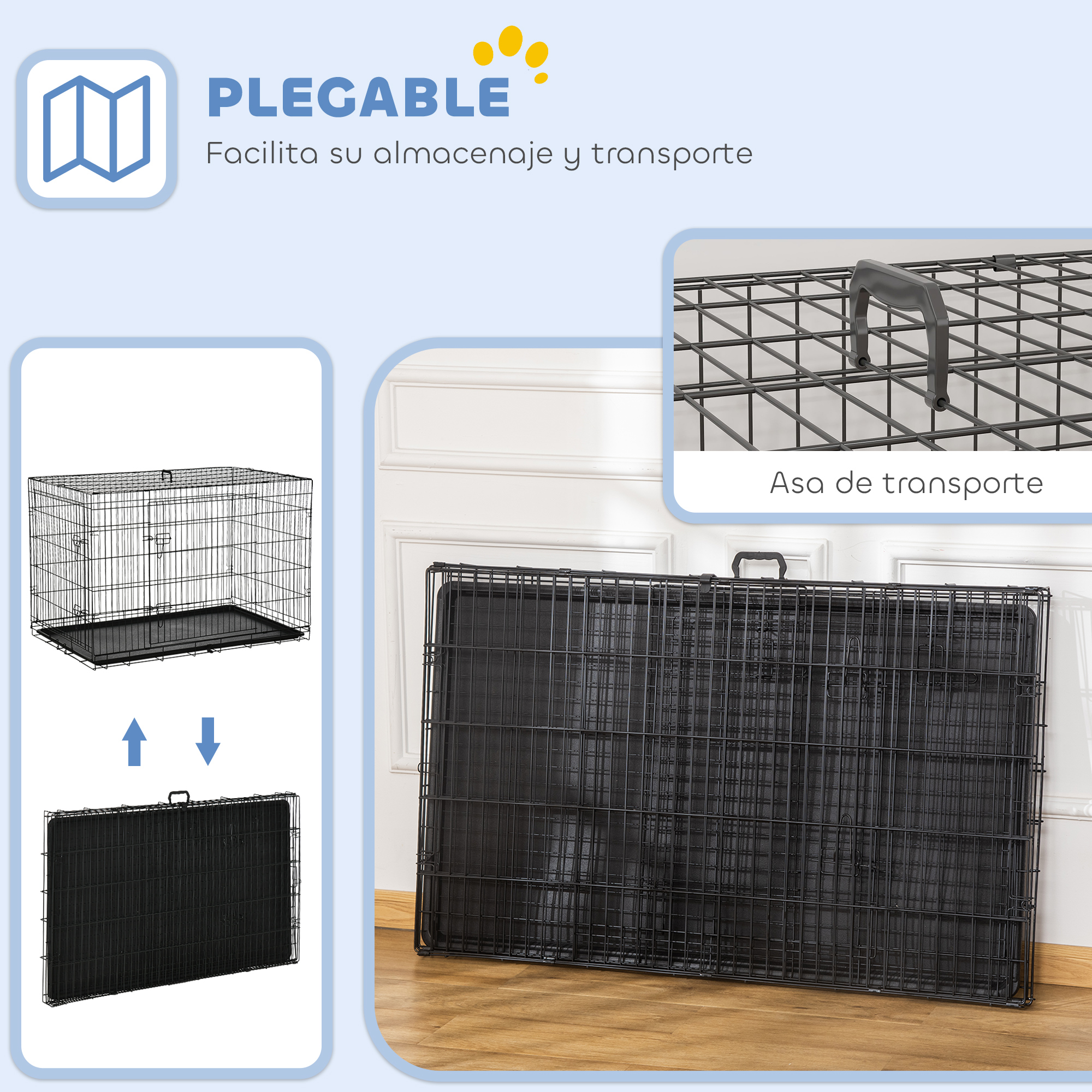 Una jaula plegable para perros con asa y bandeja base negra.