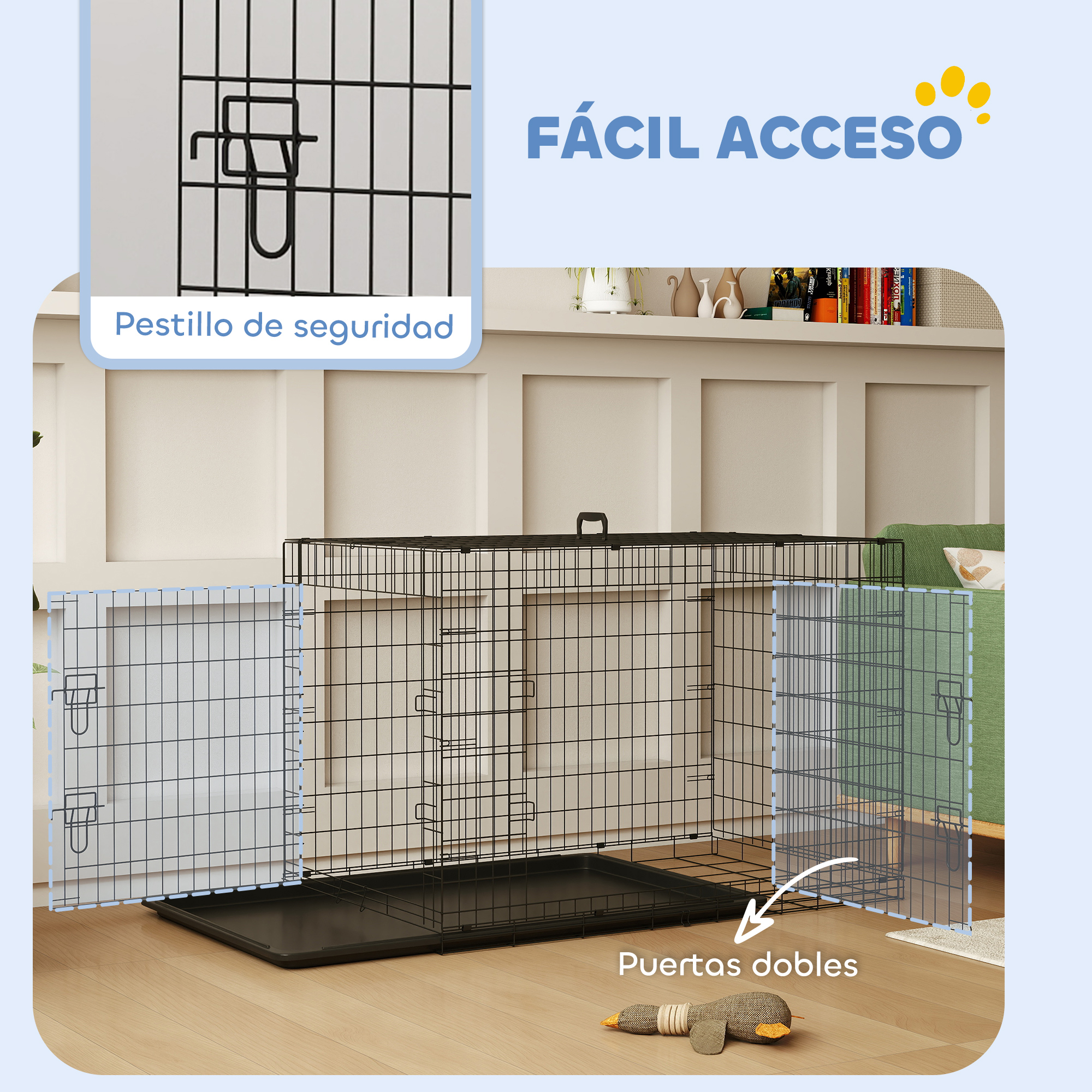Una jaula de perro negra abierta con puertas dobles.