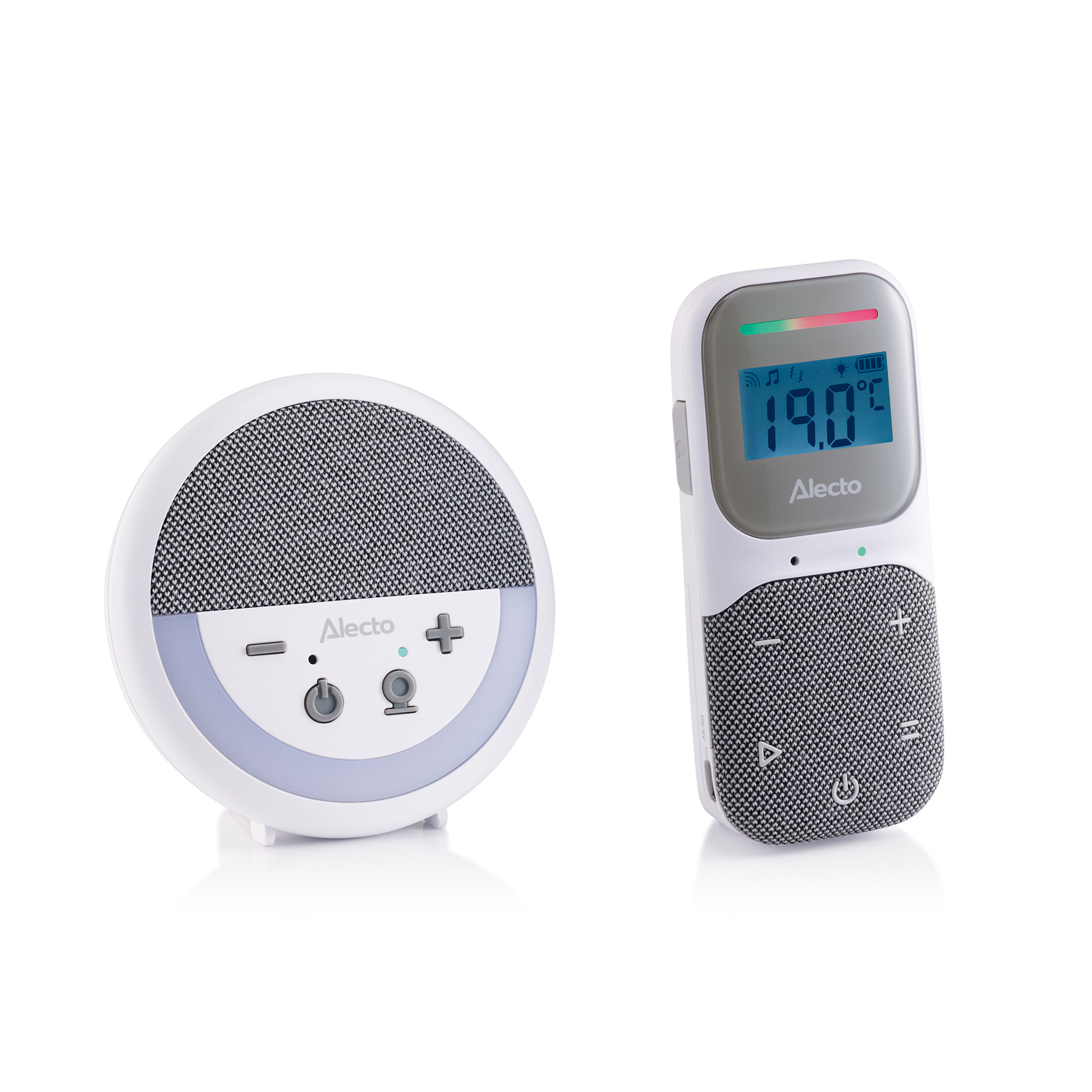 Un babyphone blanc avec haut-parleur rond et unité portable avec écran.