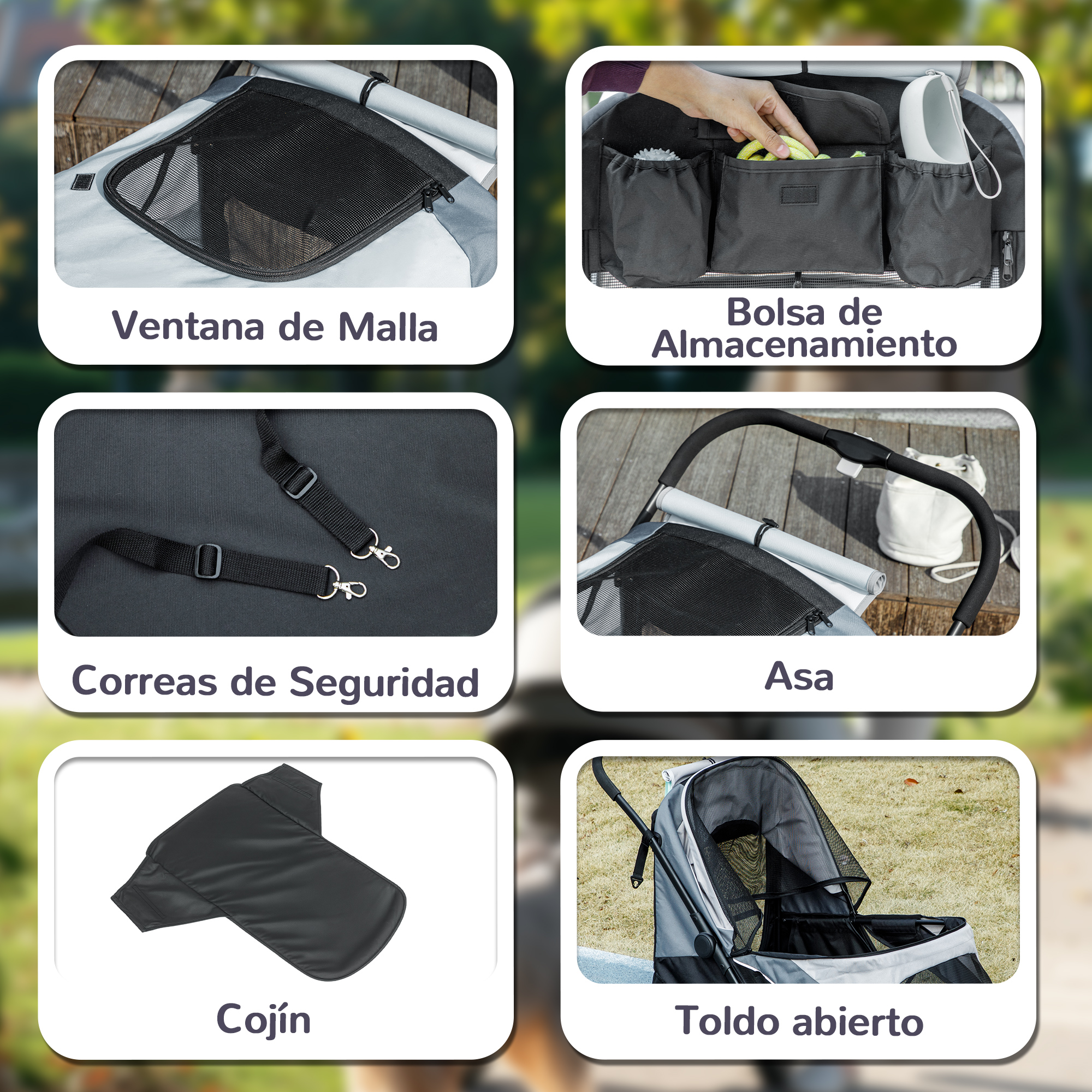 Vista general de características del cochecito: ventana de malla, bolsa de almacenamiento, correas, asa, cojín.