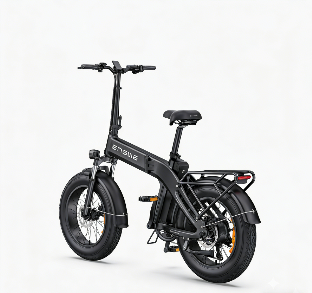Bici elettrica pieghevole nera con gomma larga, portapacchi e faro anteriore.