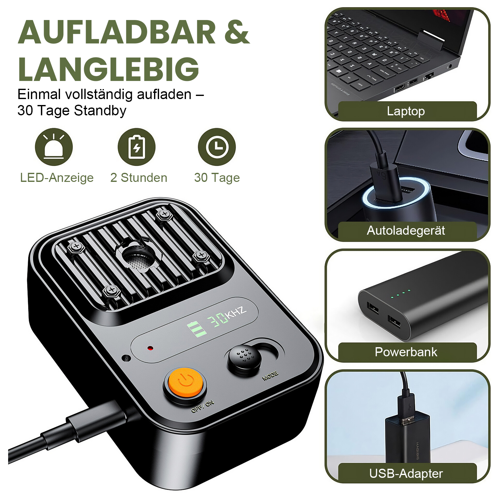 Elektronisches Gerät mit LED-Anzeige, Ladeanschluss und verschiedenen Zubehörteilen.