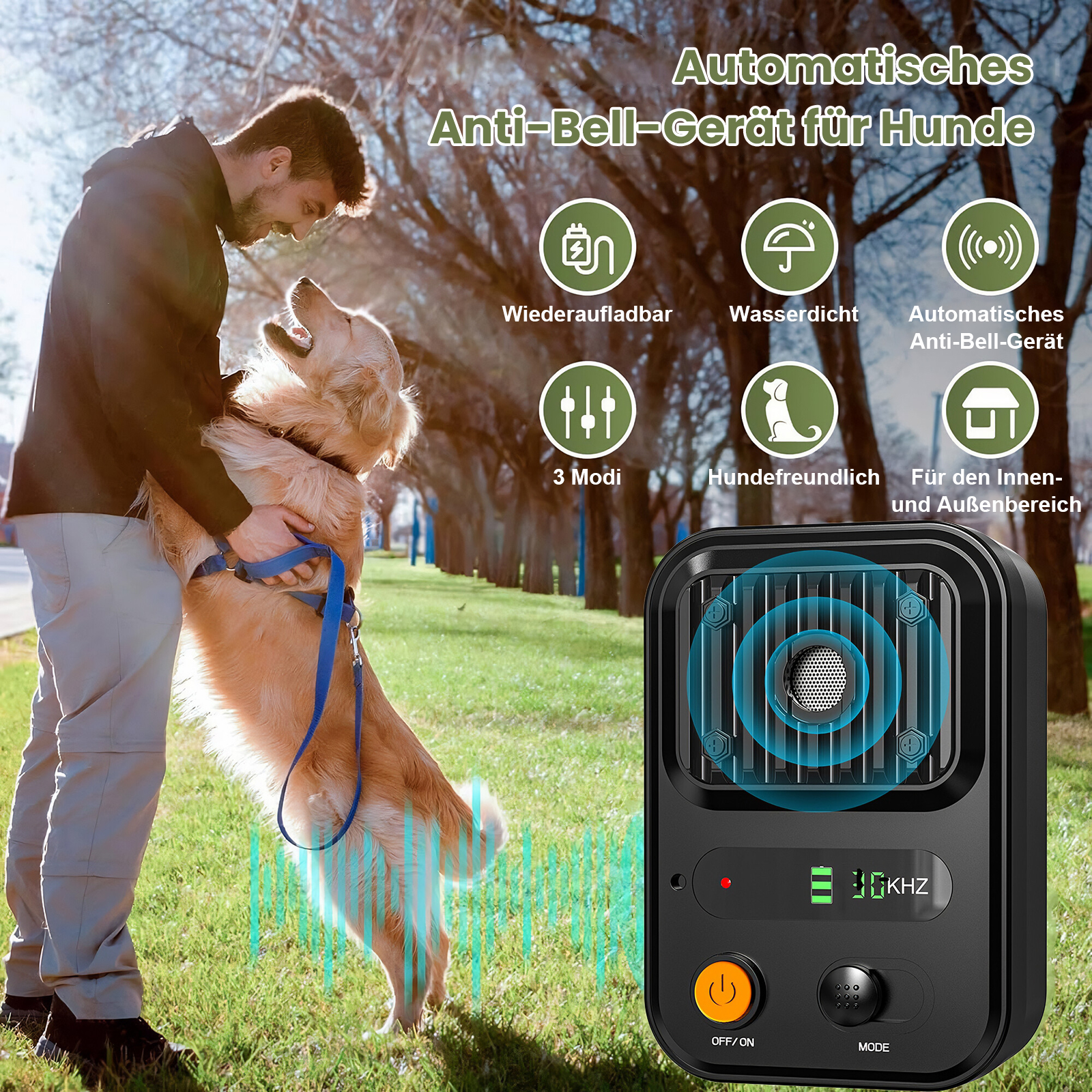 Mann mit Hund im Freien, mit Fokus auf ein Anti-Bell-Gerät.