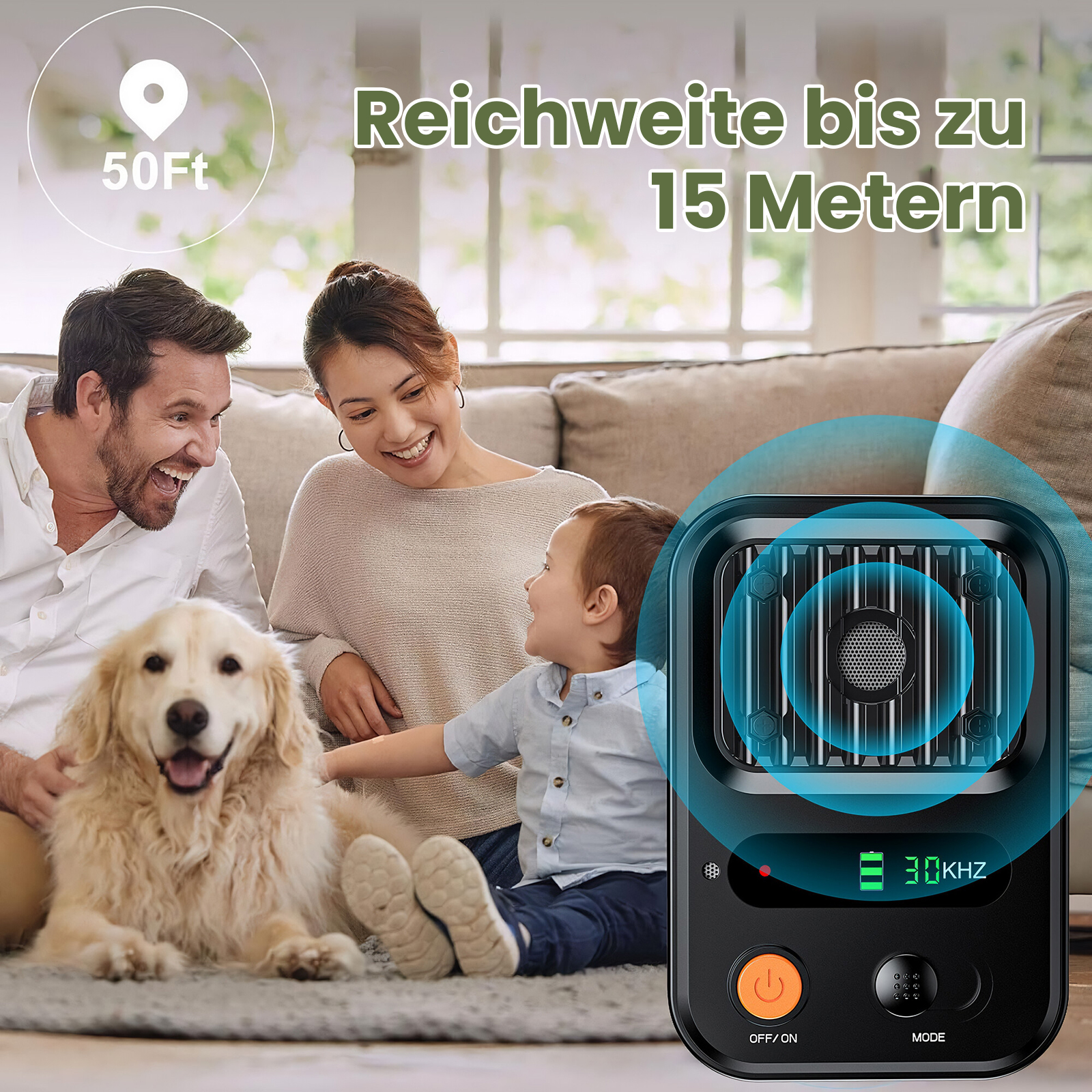 Familie und Hund auf Couch mit Gerät. Text: 50Ft, Reichweite bis zu 15 Metern.