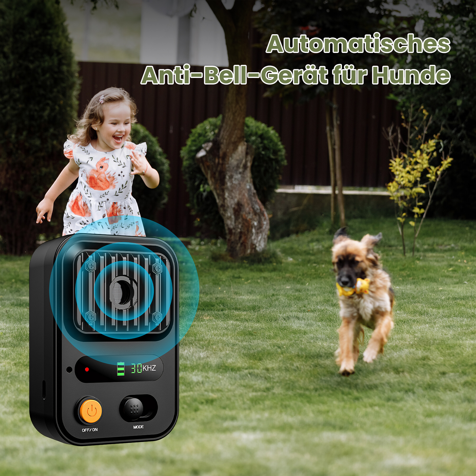 Ein Mädchen und ein Hund auf einer Rasenfläche mit einem Anti-Bell-Gerät.