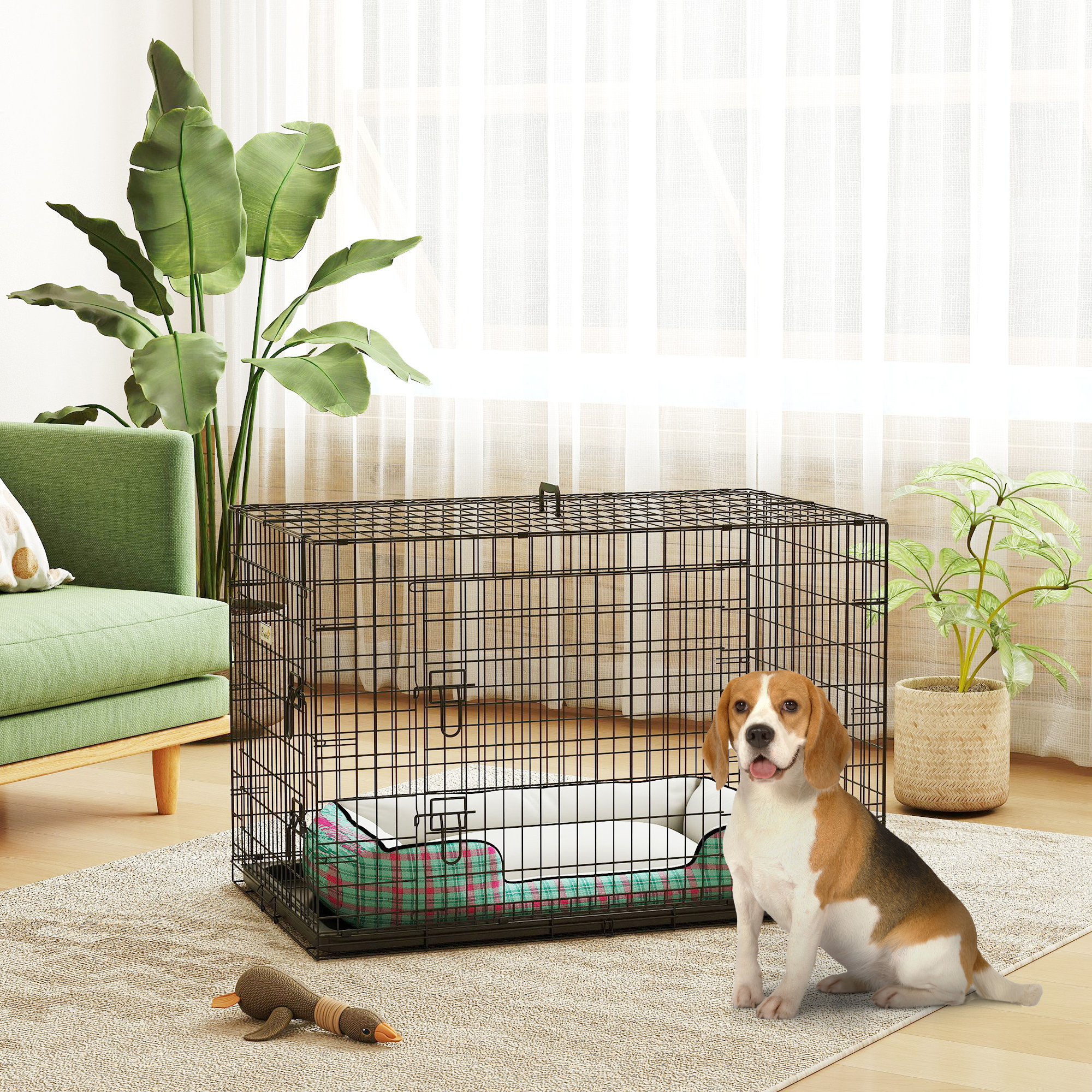 Un beagle se sienta frente a una jaula para perros. Cerca hay un sofá verde y plantas.