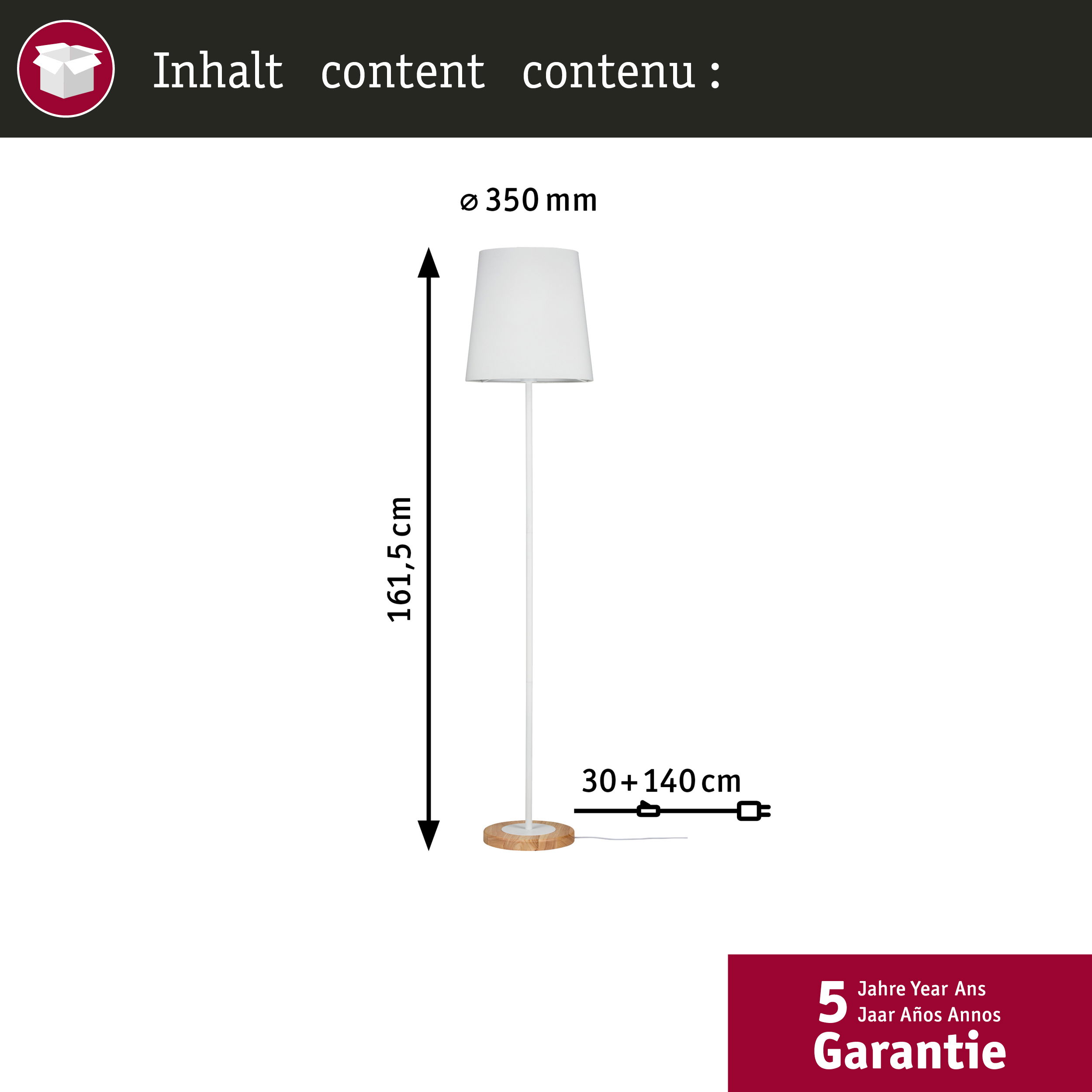 Ein weißer Stehlampe mit Holzsockel, 161,5 cm hoch.
