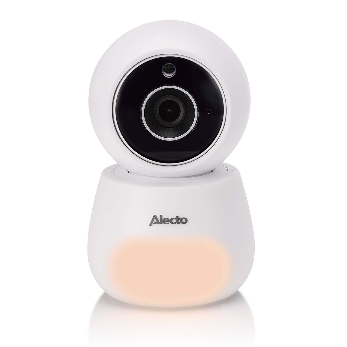 White baby monitor with night light and Alecto logo.