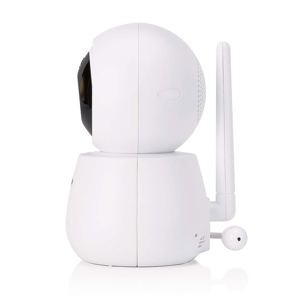 A white security camera with an antenna and black lens. The head is rotatable.