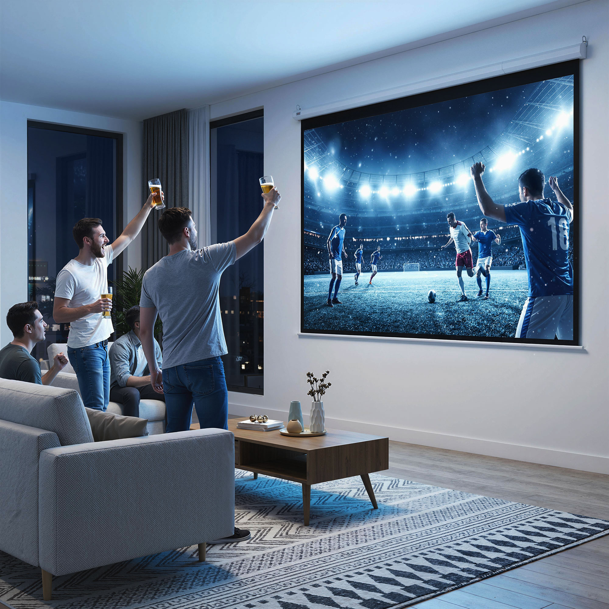 Hombres ven fútbol en pantalla grande, beben cerveza y vitorean.