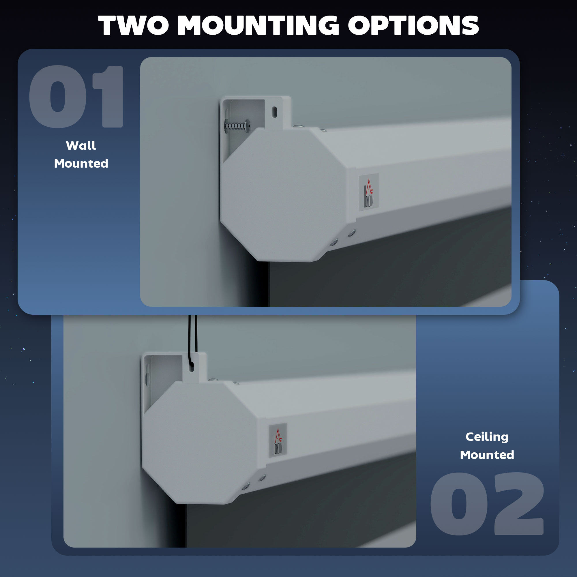 Dos opciones: dispositivo blanco montado en pared y techo con logo.