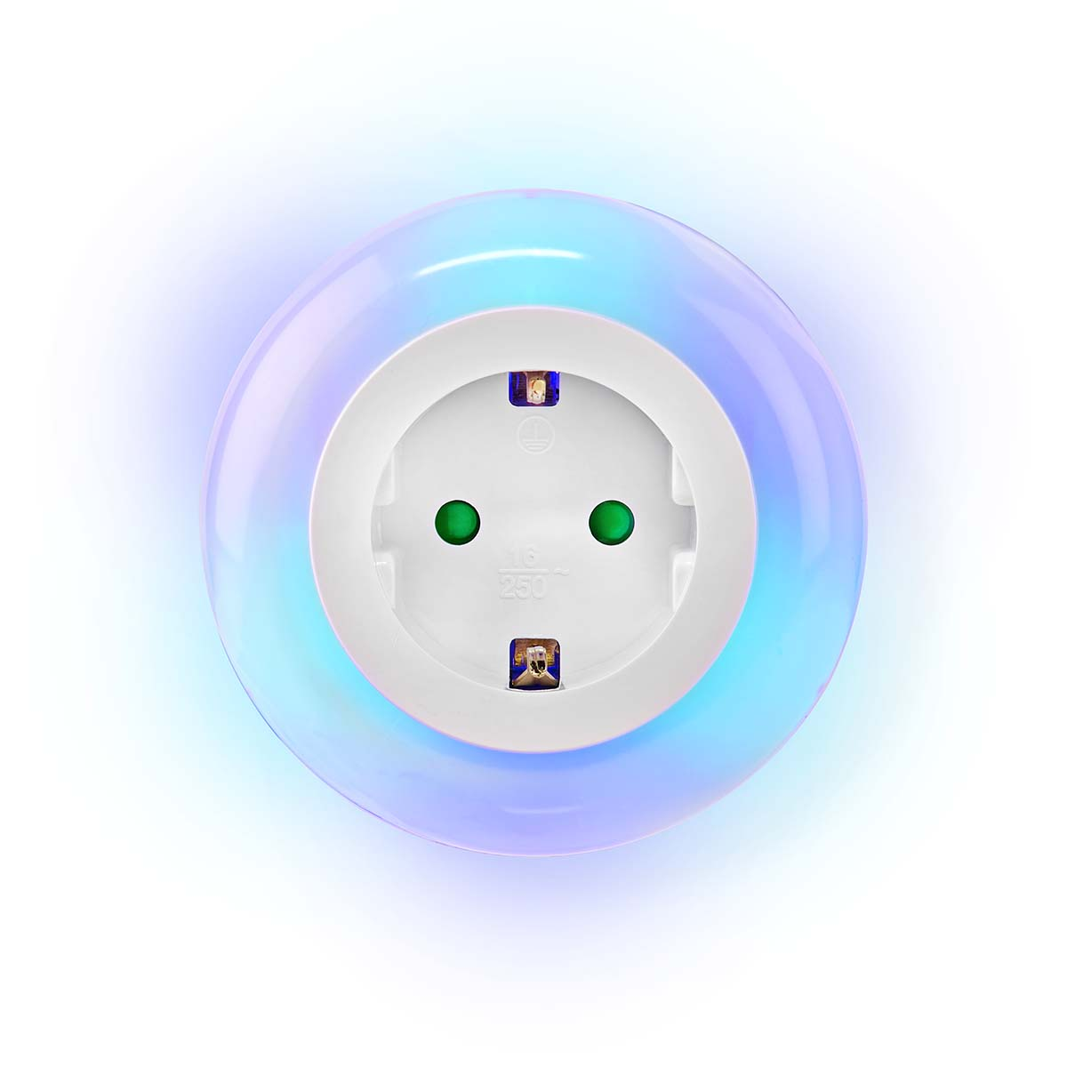 A white electrical socket with colorful light glowing around it.