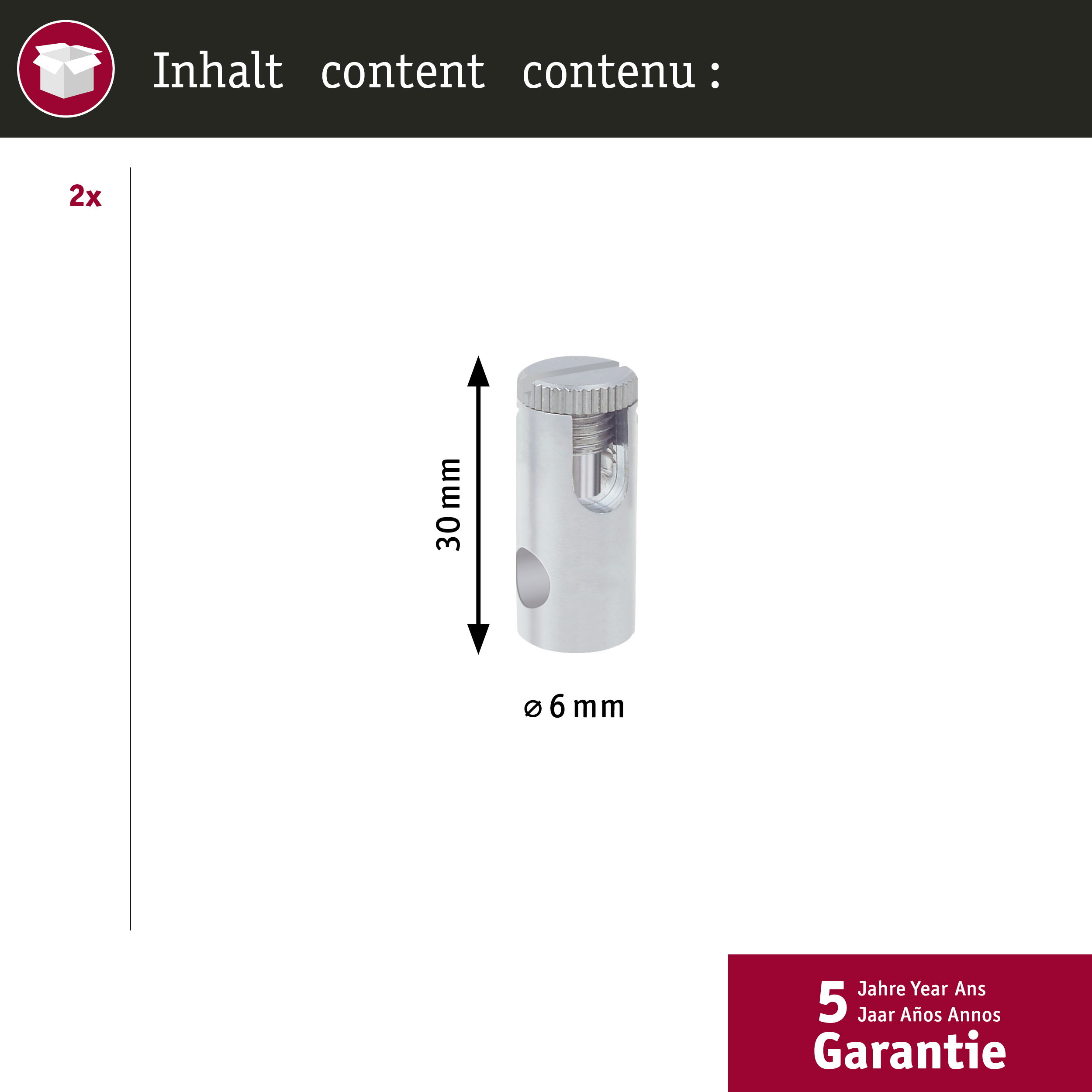 Eine silberne Schraubklemme (30 mm lang, 6 mm Durchmesser) mit Schraube.