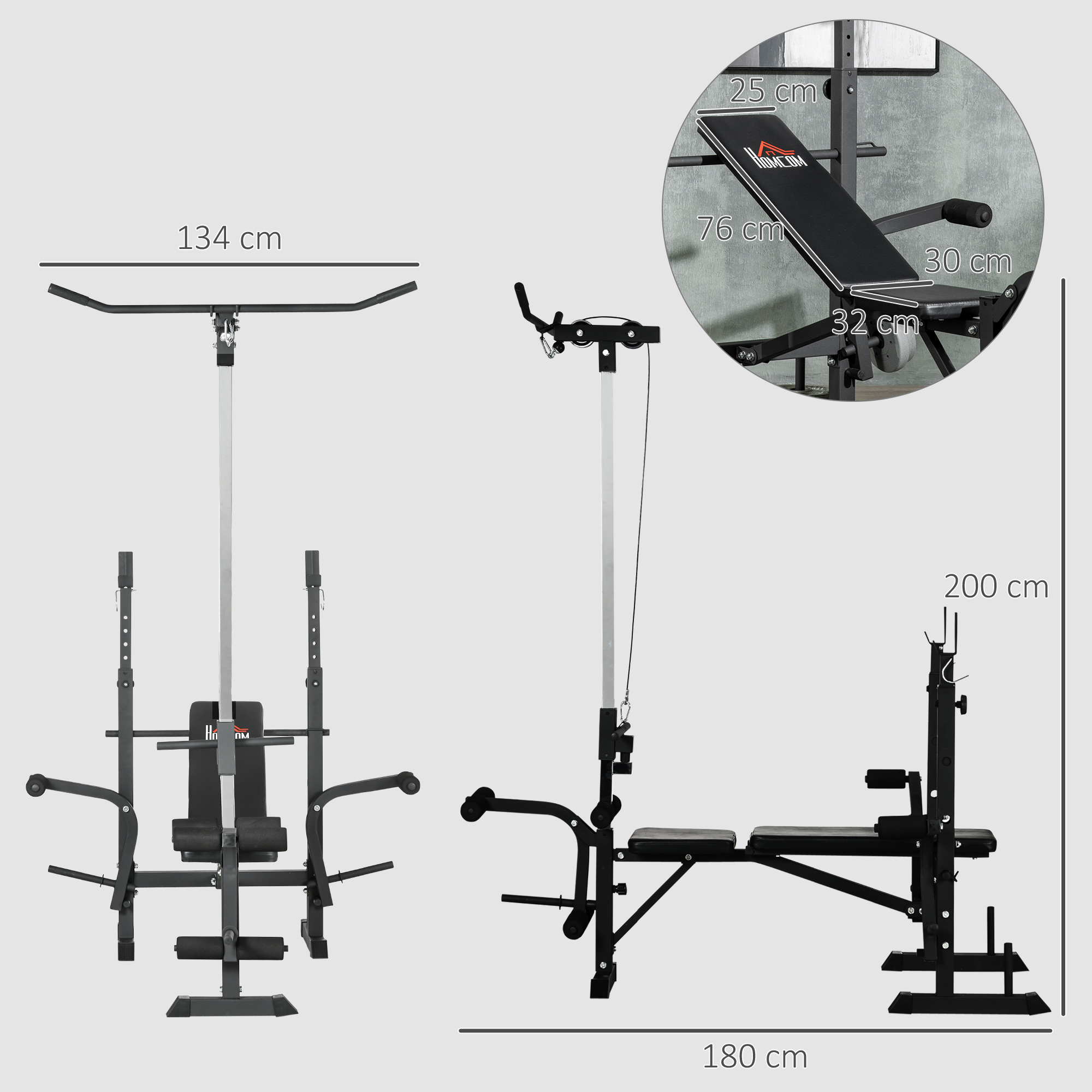 Una máquina de gimnasio negra con banco de pesas, dimensiones 180x200 cm.
