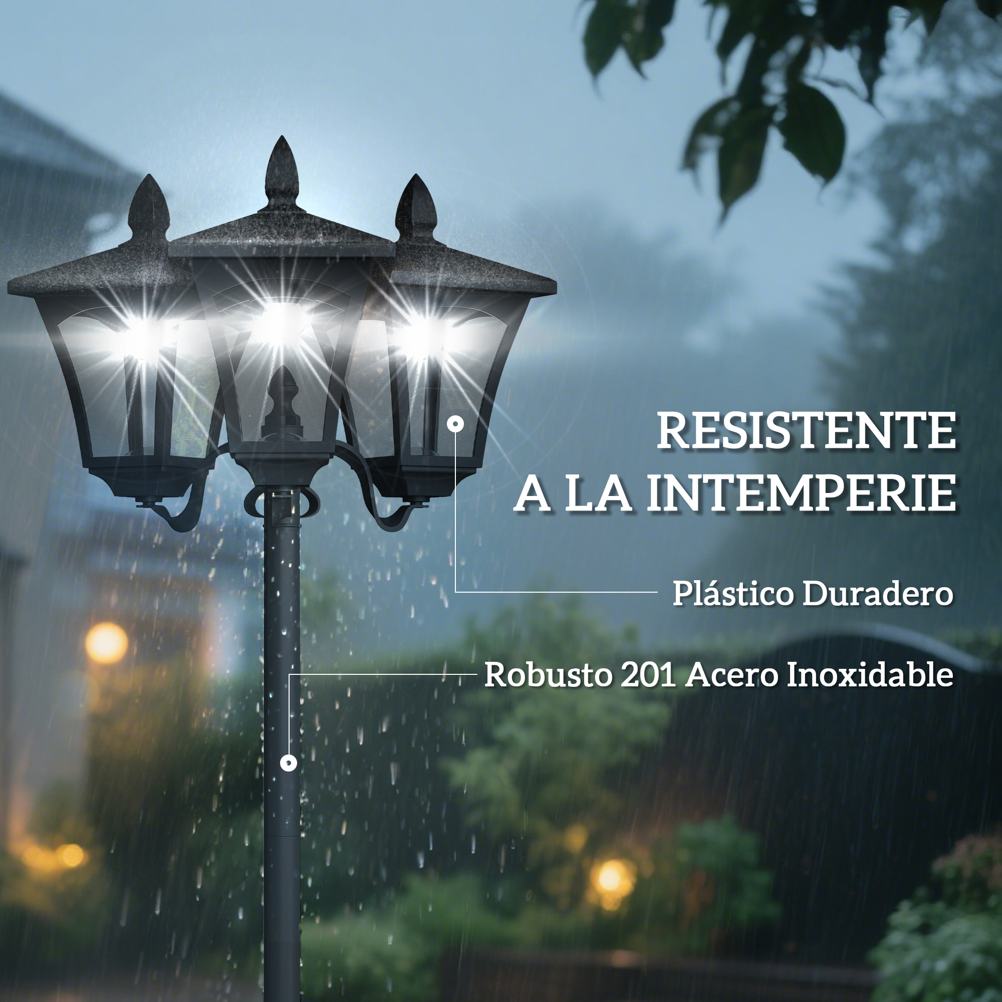 Un poste de luz negro con tres luces bajo la lluvia.