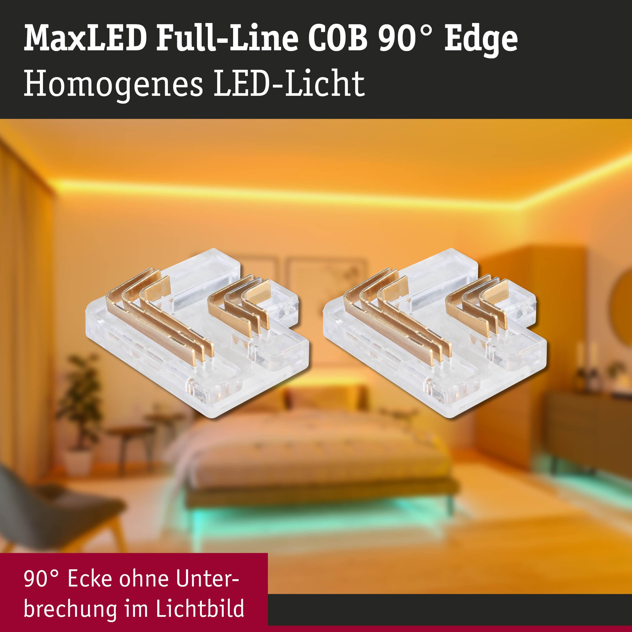 Zwei transparente 90-Grad-LED-Verbinder mit goldenen Kontakten auf einem verschwommenen Hintergrund.