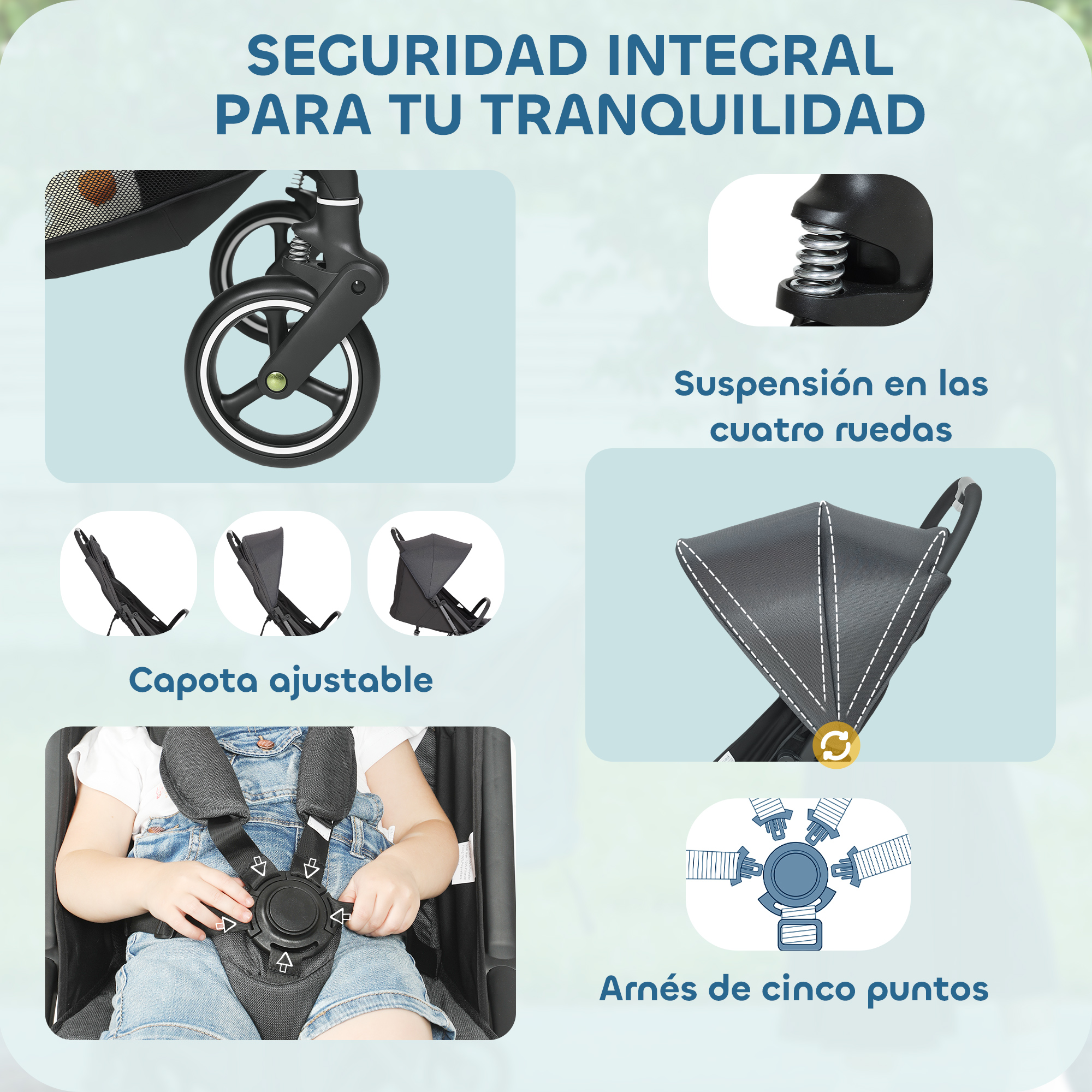 Cochecito de bebé con suspensión, capota ajustable y arnés de cinco puntos.