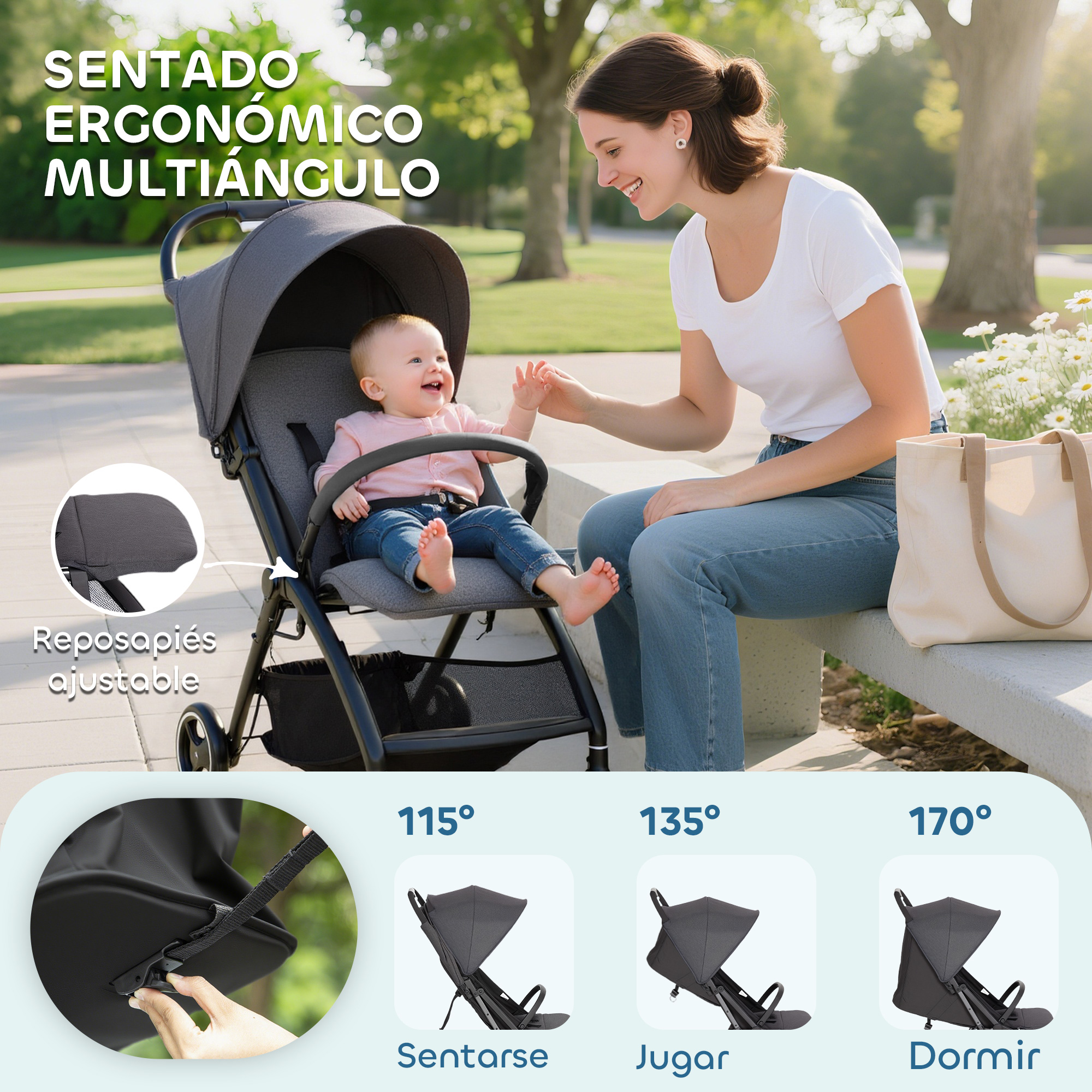 Madre sonríe a bebé en cochecito al aire libre. Reposapiés ajustable.