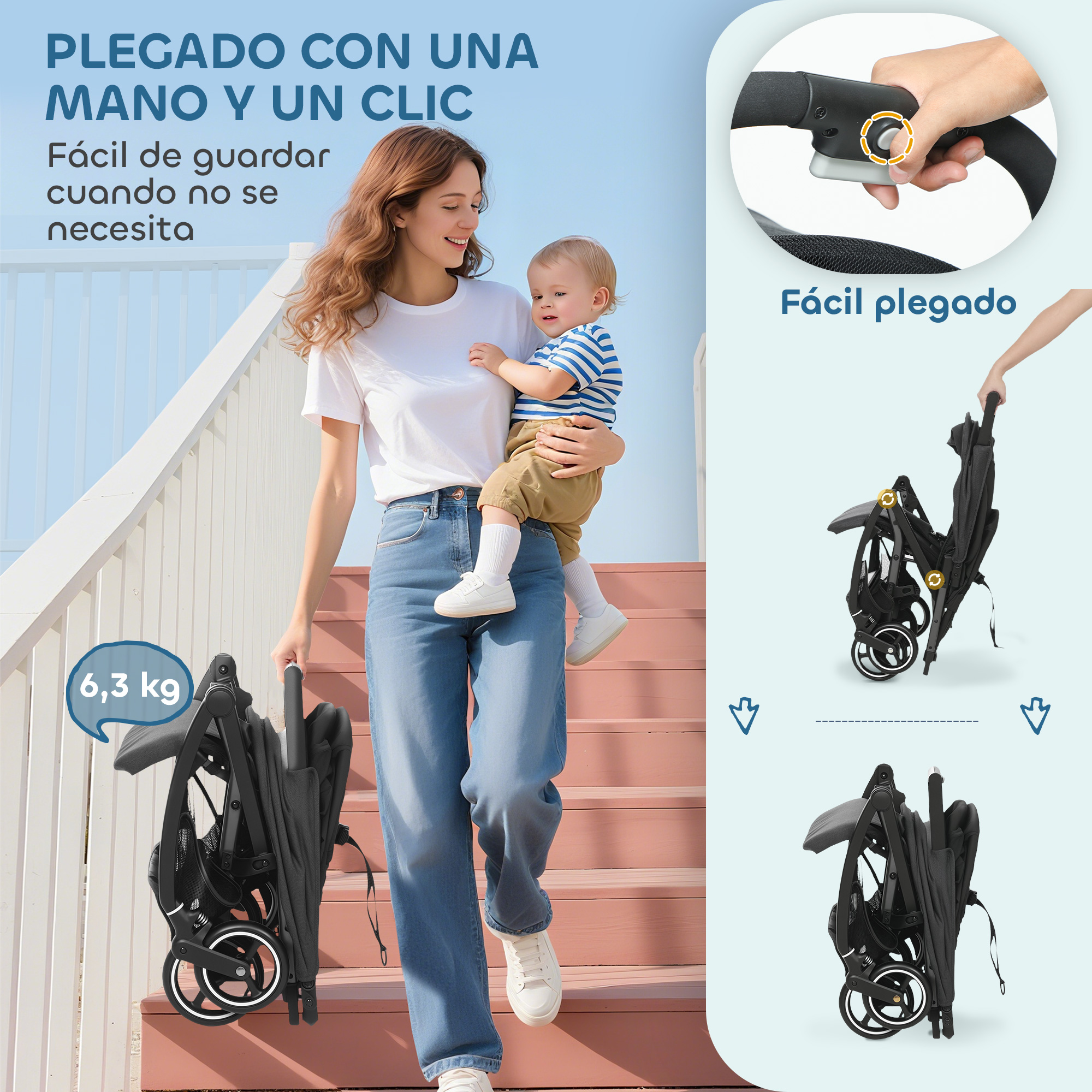 Mujer con bebé en escaleras, cochecito plegado al lado. Pesa 6,3 kg.