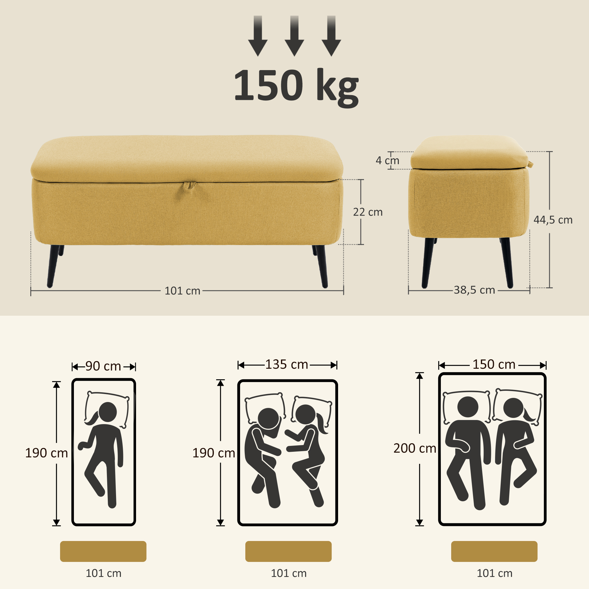 Banco de almacenamiento amarillo 101x38.5x44.5cm, capacidad 150kg.