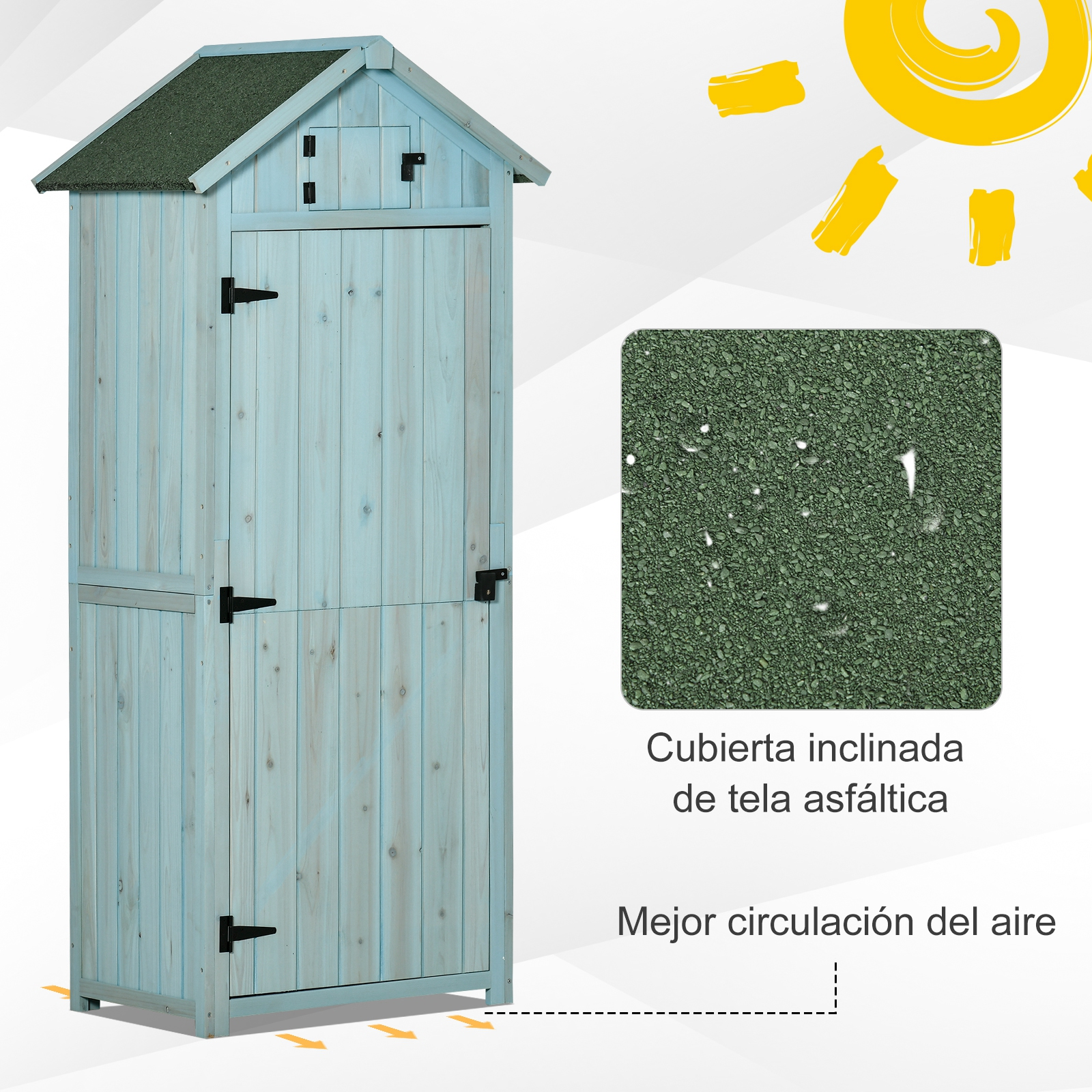 Un cobertizo de madera azul claro con herrajes oscuros y techo verde.