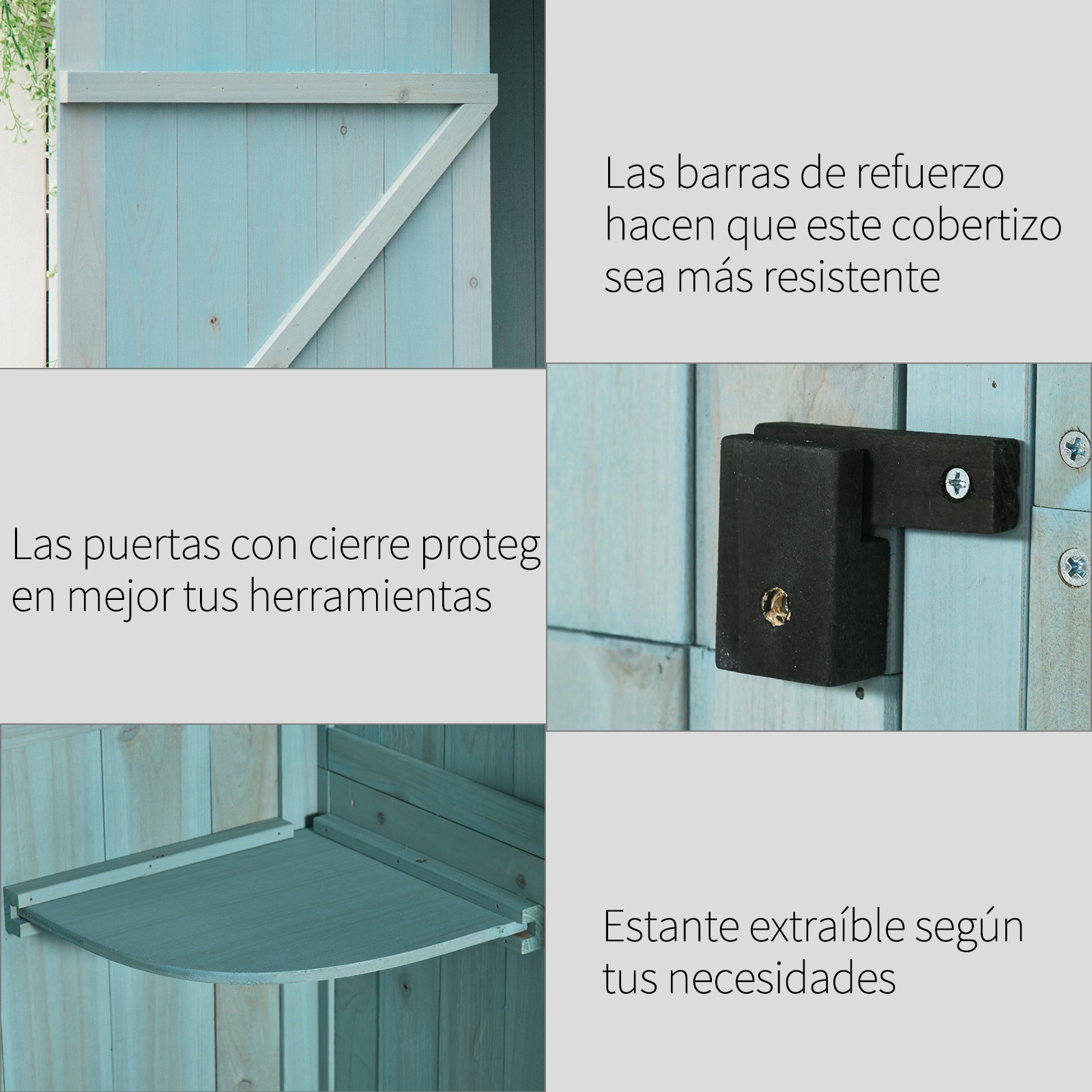 Coصbertizo de madera con puerta con cierre, barras y estante.