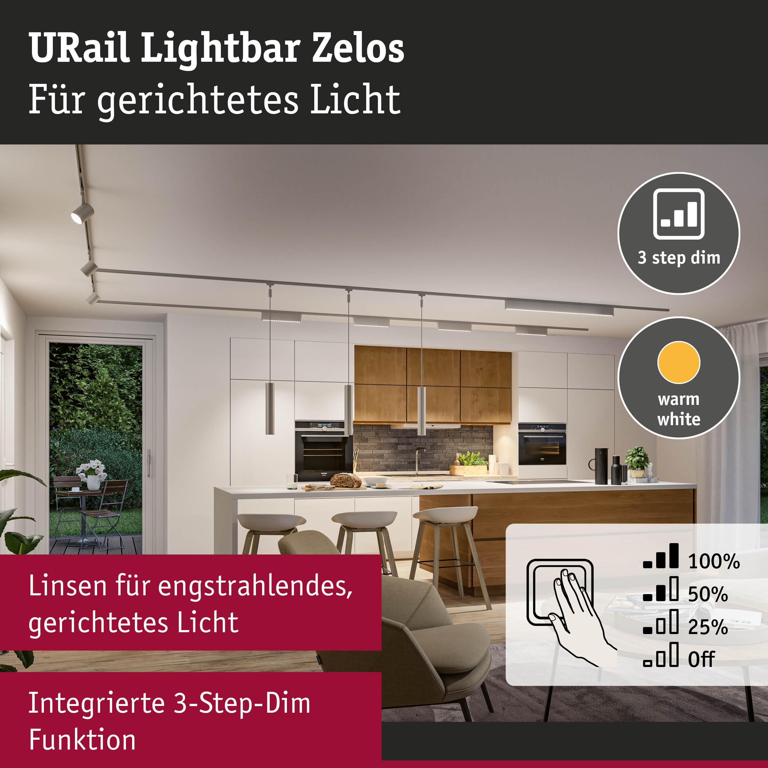 Moderne Küche mit URail Lichtleiste, 3-Stufen-Dimmer und warmweißem Licht.