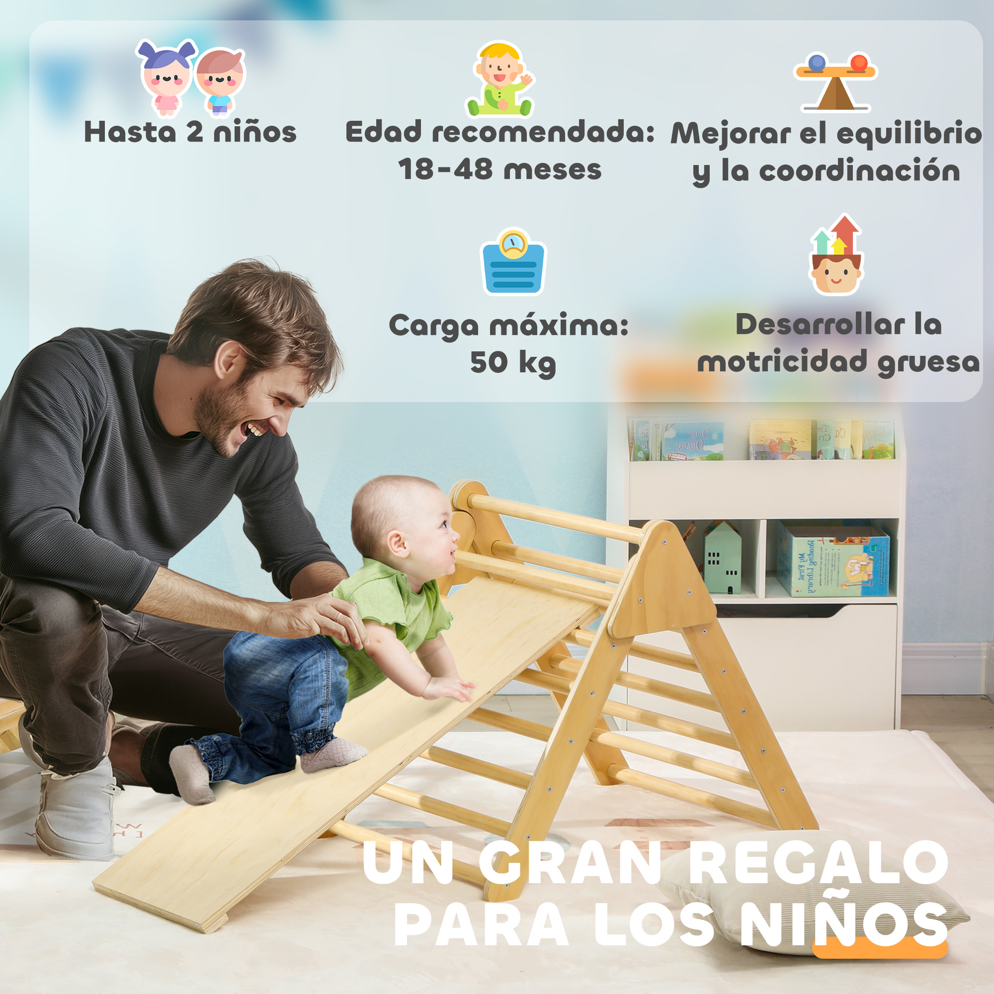 Padre y bebé en un juguete de madera. Apto para hasta 2 niños.