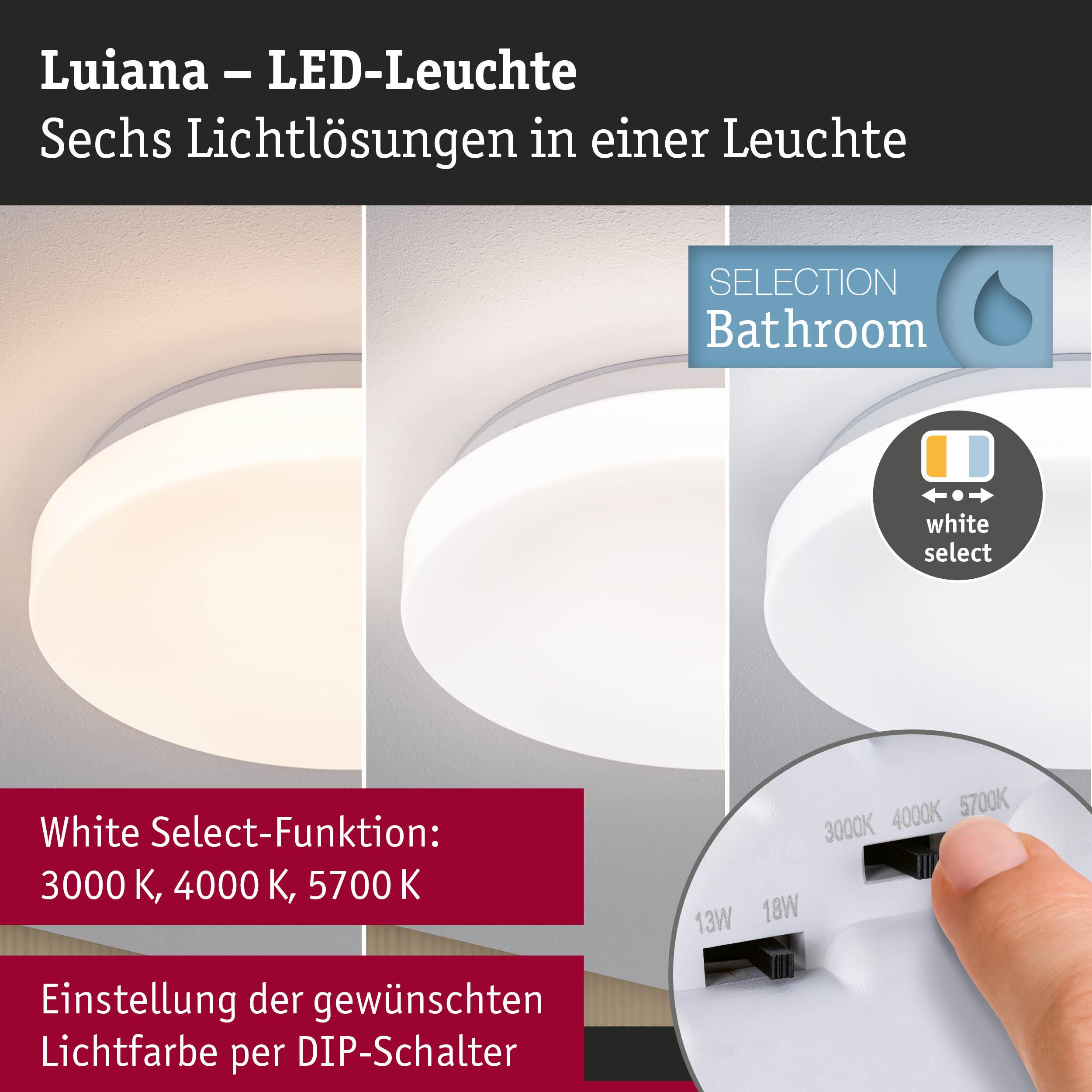 Lampa LED Luiana z białym wyborem dla 3000K, 4000K, 5700K.