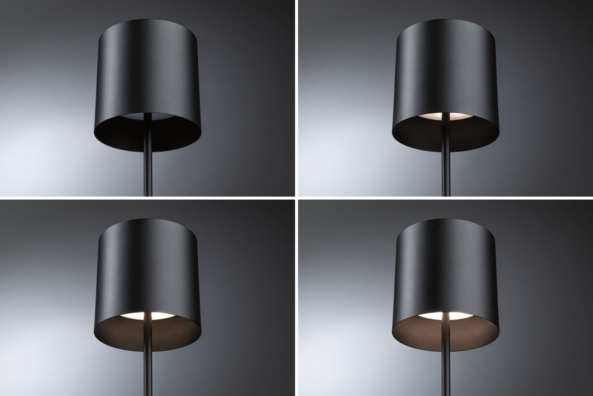 Ein schwarzer Zylinderlampenschirm mit einer Stange vor einem dunklen Hintergrund.