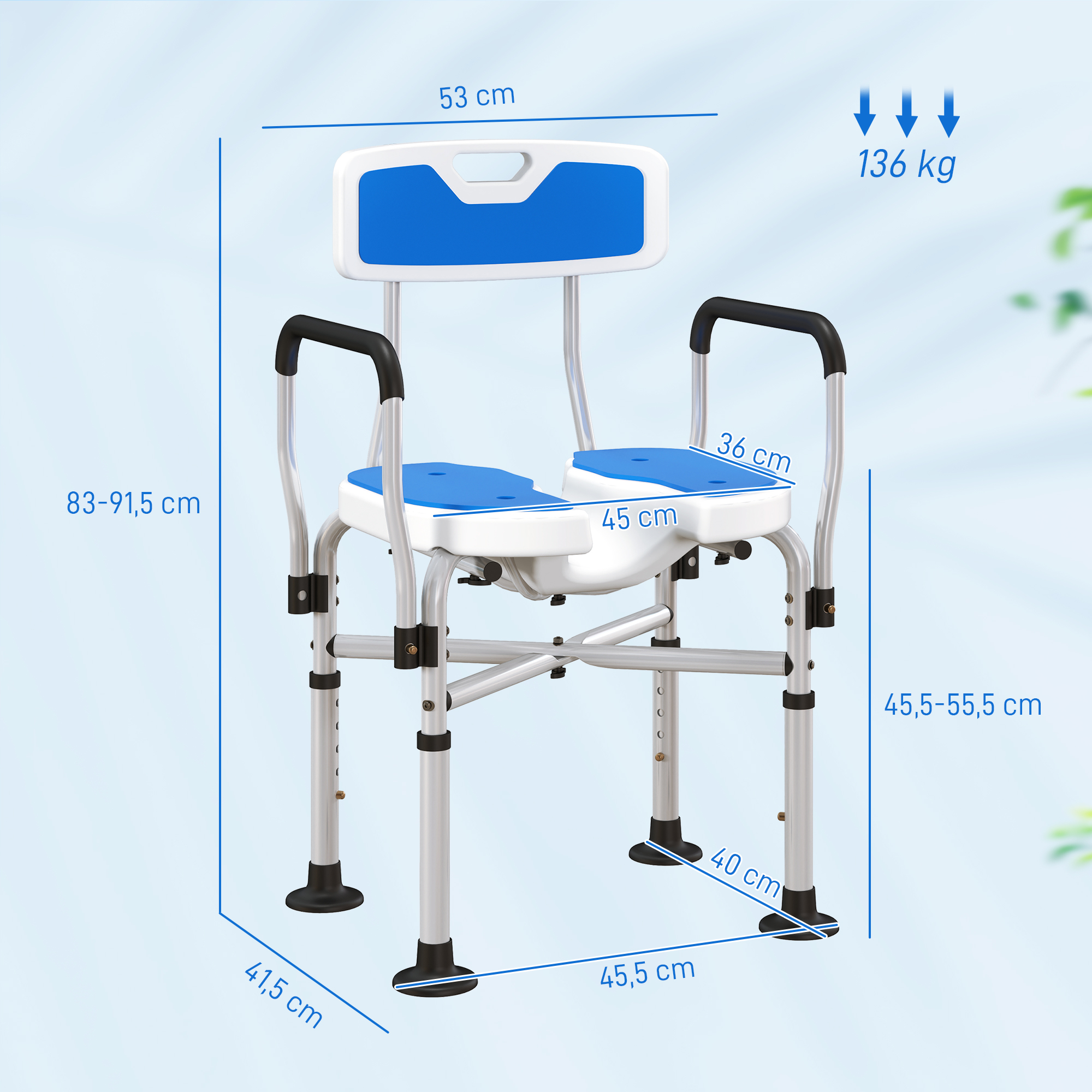 Una silla de ducha blanca y azul con patas y reposabrazos ajustables.