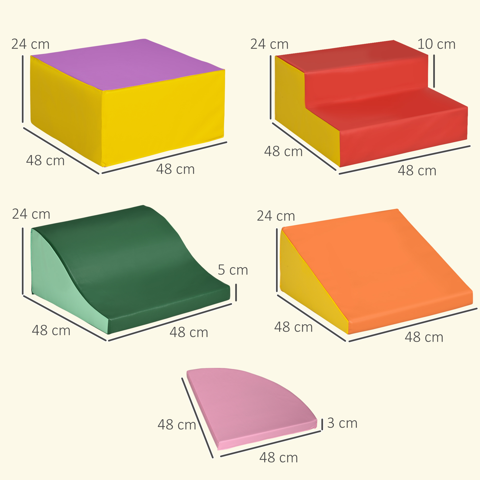 Cinco piezas de espuma de colores: cubo, escalones, rampa, cuña y sector.