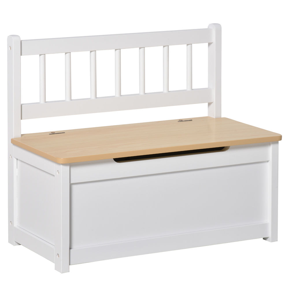 Un banco arcón blanco con tapa de madera y respaldo.