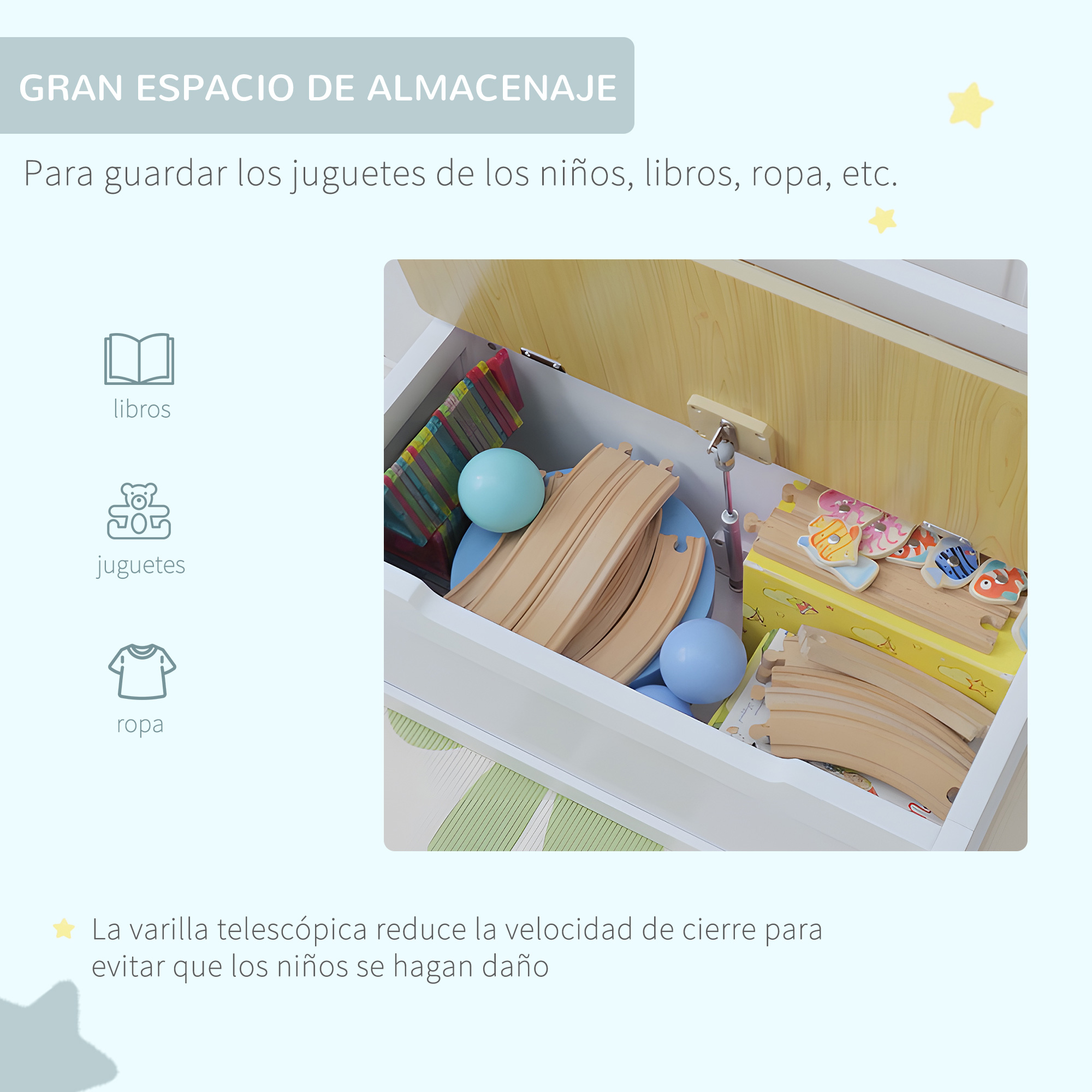 Arcón de juguetes con vías de tren de madera, pelotas y libros.