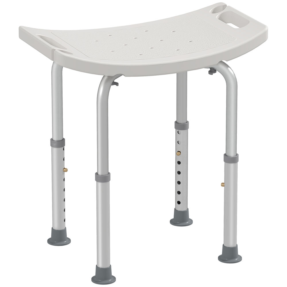 Silla de ducha blanca ajustable y ligera de plástico con patas de aluminio.