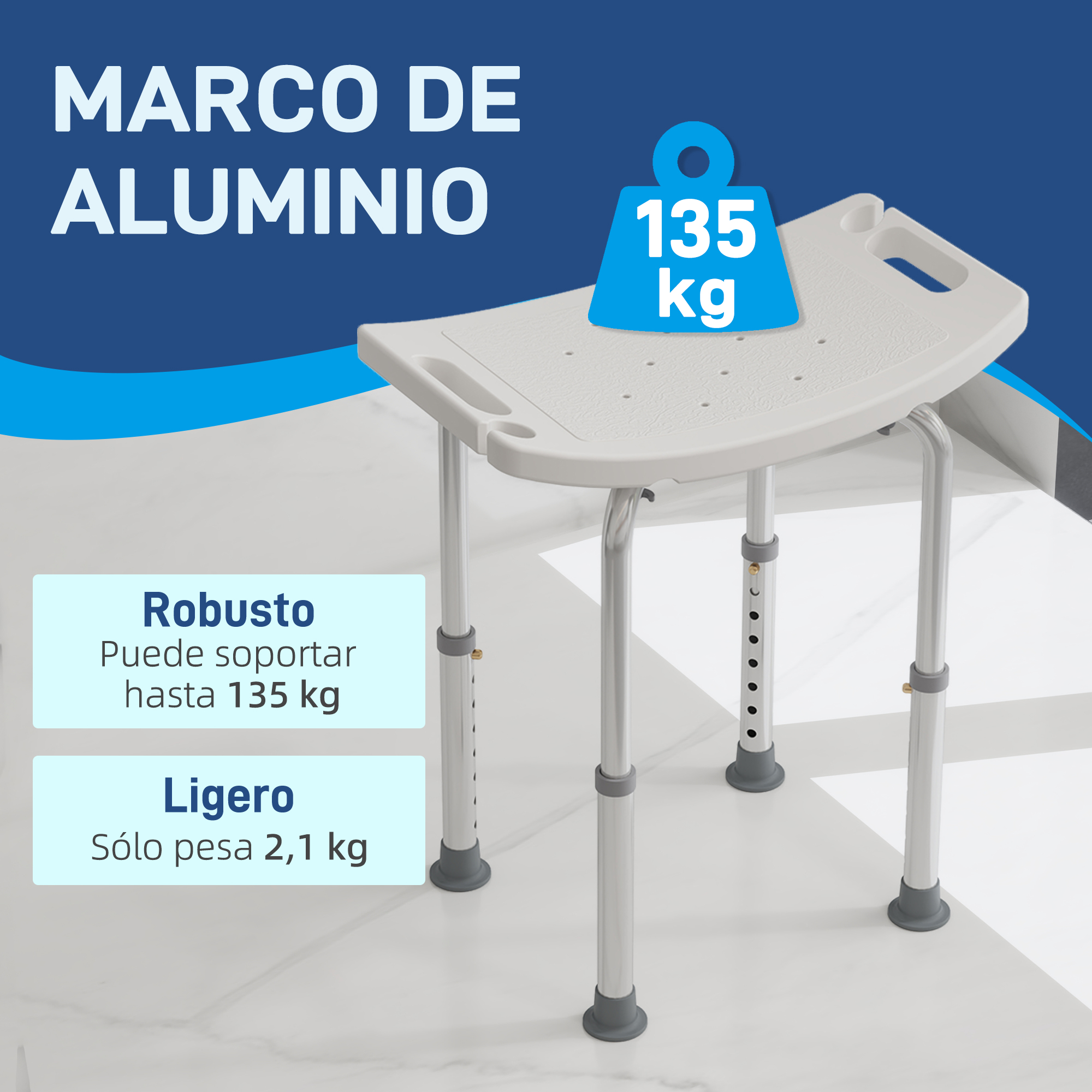 Un taburete de ducha blanco con marco de aluminio, soporta hasta 135 kg.