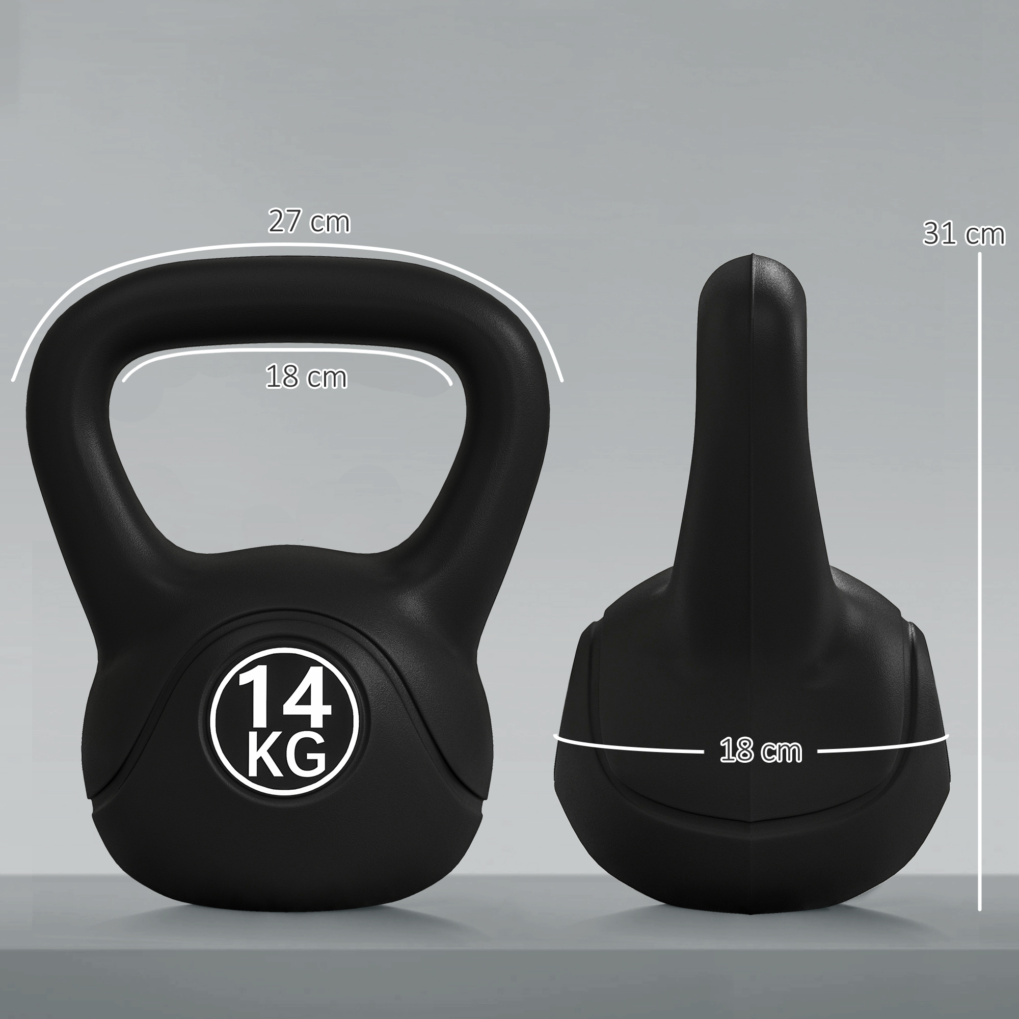 Pesa rusa negra de 14 kg con dimensiones.