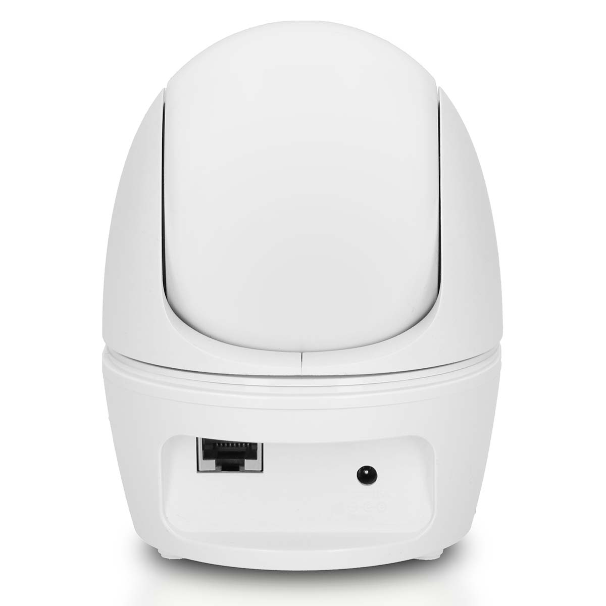 Ein weißer, schwenkbarer Überwachungskamera-Sockel mit Ethernet-Anschluss und Stromanschluss.