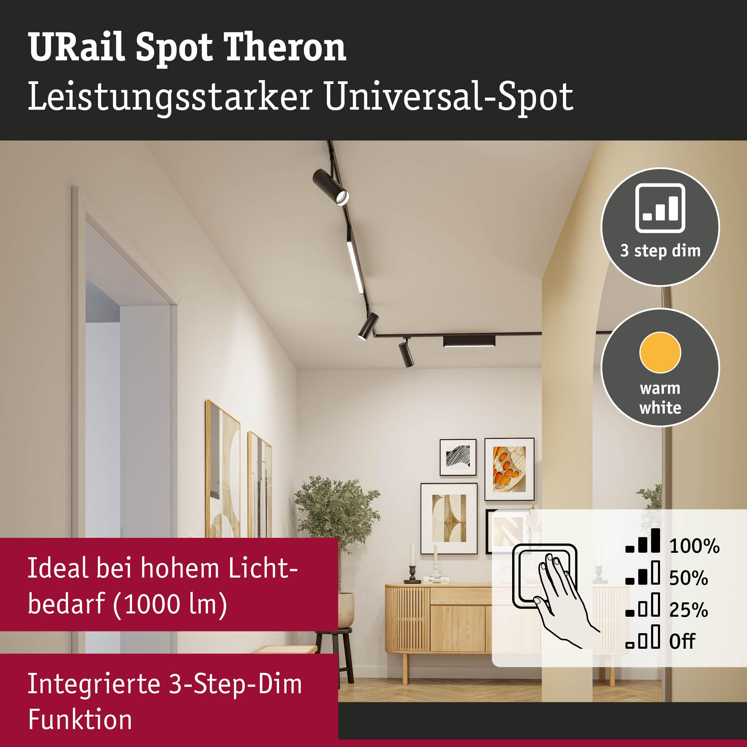 Schwarzer URail Spot Theron auf Schienensystem mit 3-Stufen-Dimmfunktion und Warmweiß.
