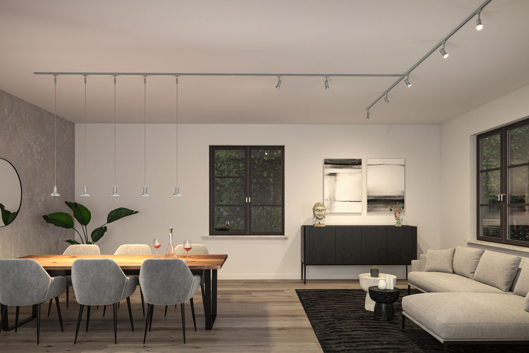 Modernes Wohnzimmer mit Essbereich. Holztisch, graue Stühle, Sofa, schwarzes Sideboard.