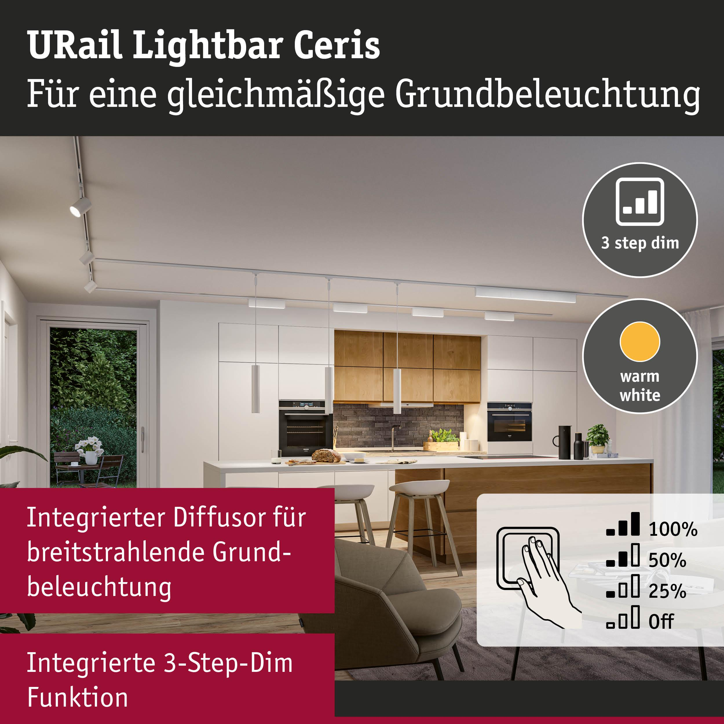 Nowoczesna kuchnia z listwą świetlną URail emitującą ciepłe białe światło.